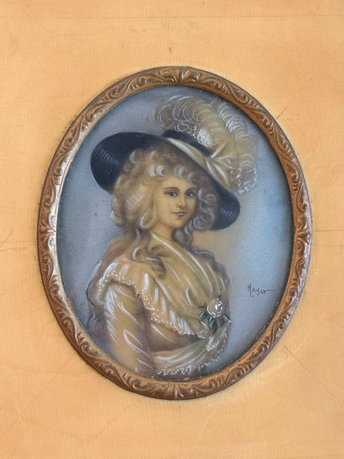 .1800s .1920s .1930s PAIR of Victorian revival miniature hand painted Dame Portraits Paintings Artist Mayer Signed