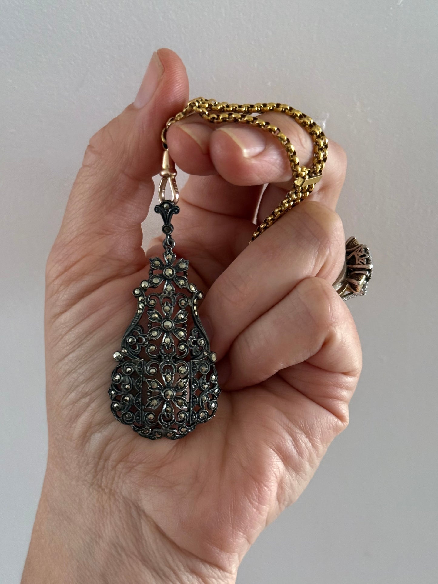 .935 1910s Art Nouveau German Jugendstil Edwardian era high grade silver and marcasite floral drop pendant