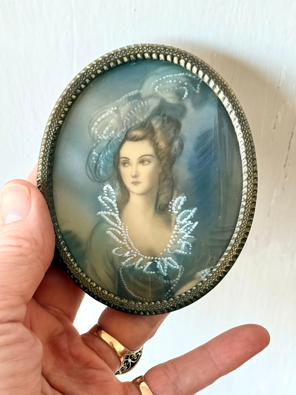 .1800s revival hand painted antique art miniature portrait original miniature reproduction hand painted portrait in brass frame