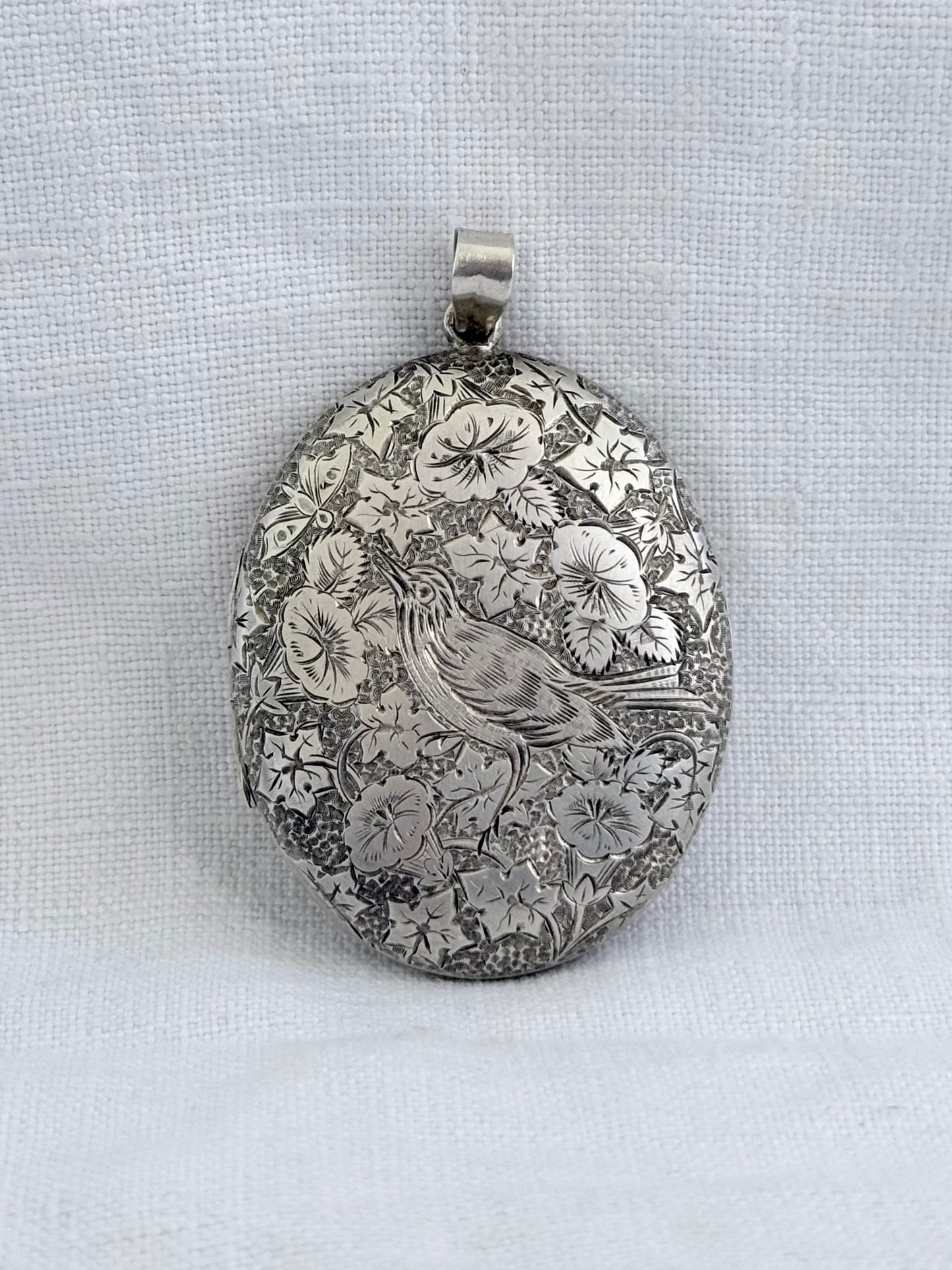 .1880s .1890s .925 large Victorian Aesthetic deep engraved Swallow and floral detailed antique French sterling silver locket