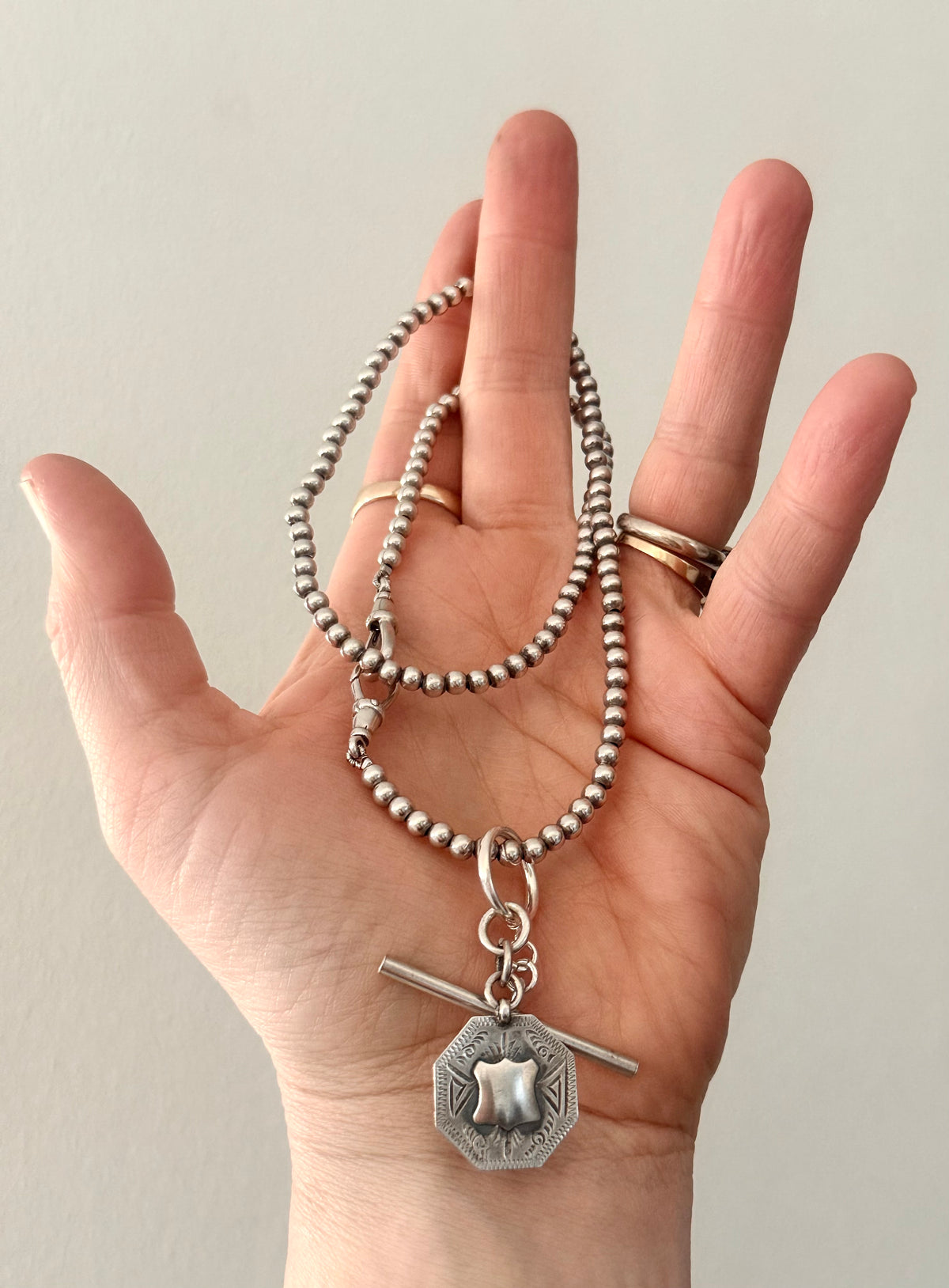 .925 antique revival modernist sterling silver bead chain fob chain t-bar medallion toggle chain necklace