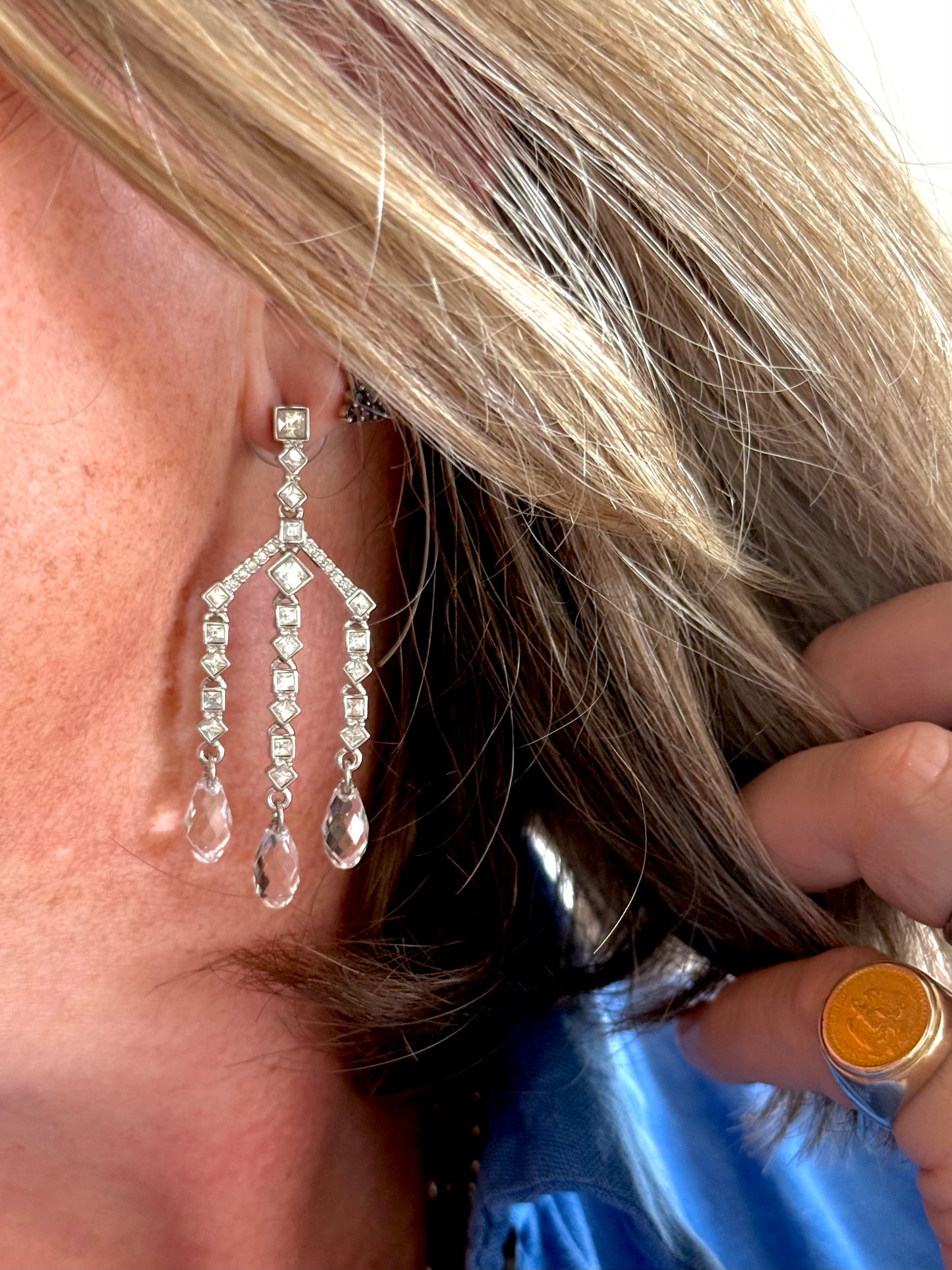 .1900s Art Deco Edwardian revival Swarovski designer crystal and rhinestone diamanté chandelier drop dangle earrings