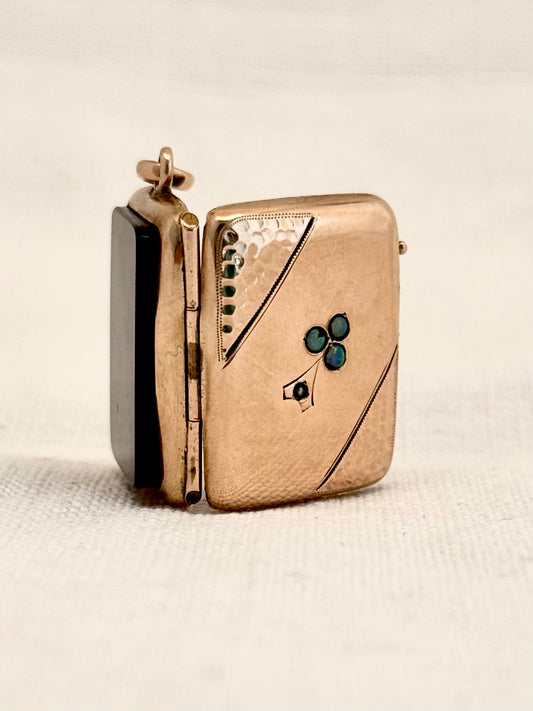 .1890s .1900s antique Victorian to Edwardian exquisite Rose Gold Cased photo locket with Opals and Pearl flower decal and Onyx gemstone back