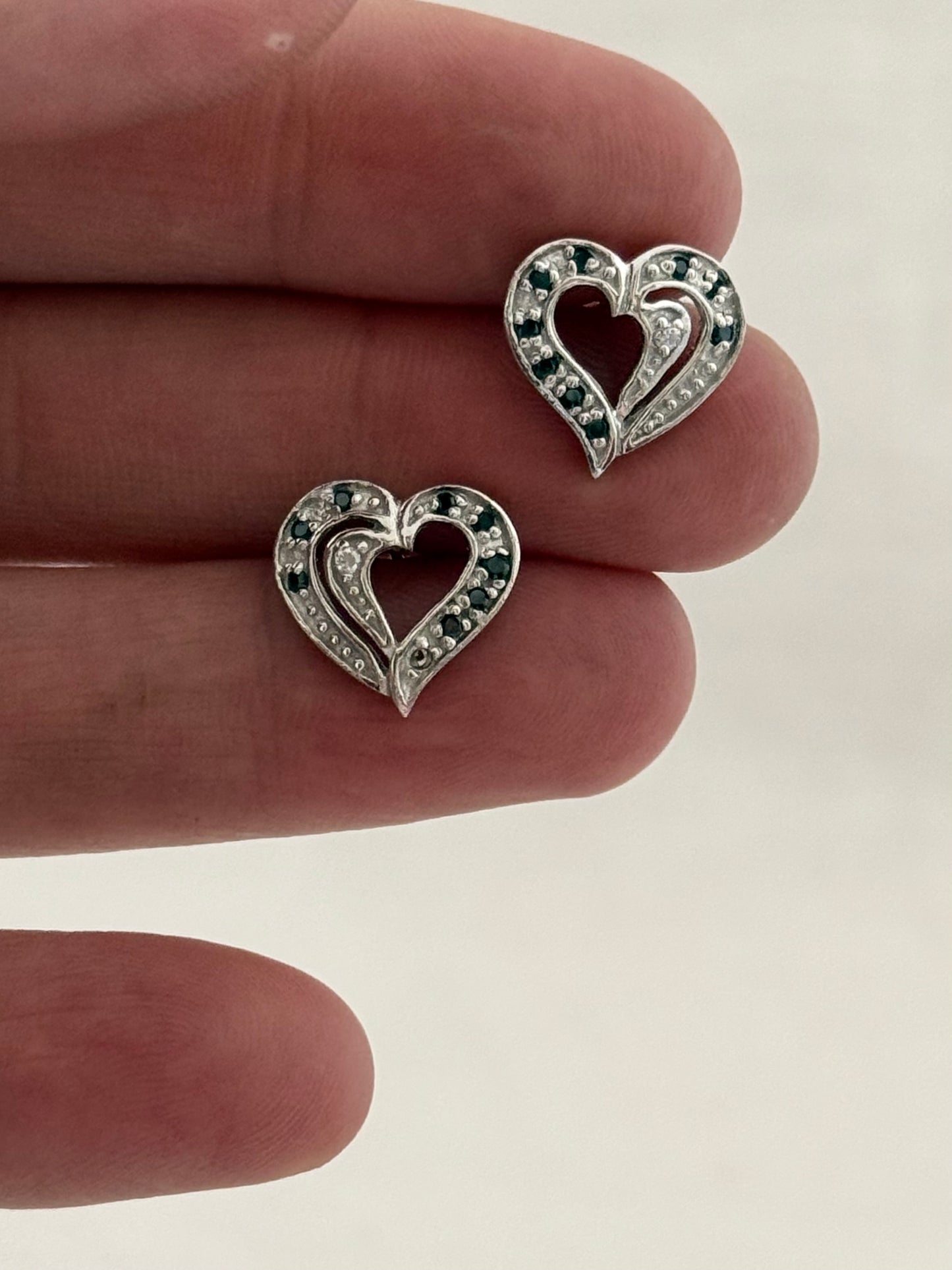 .925 heart love token blue and white stone sterling silver heart post stud earrings