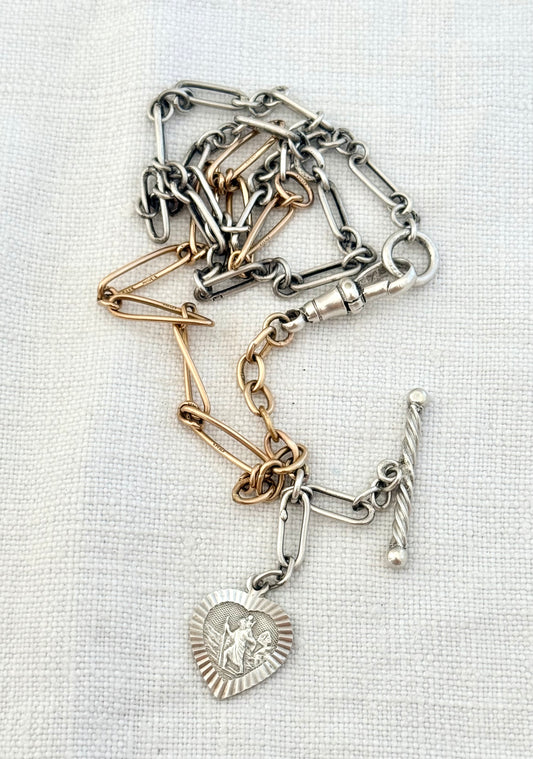 .1900s .1915 .375 gold and .925 antique Edwardian hallmarked fine 9ct gold and silver combination fancy link fob chain watch chain necklace unit