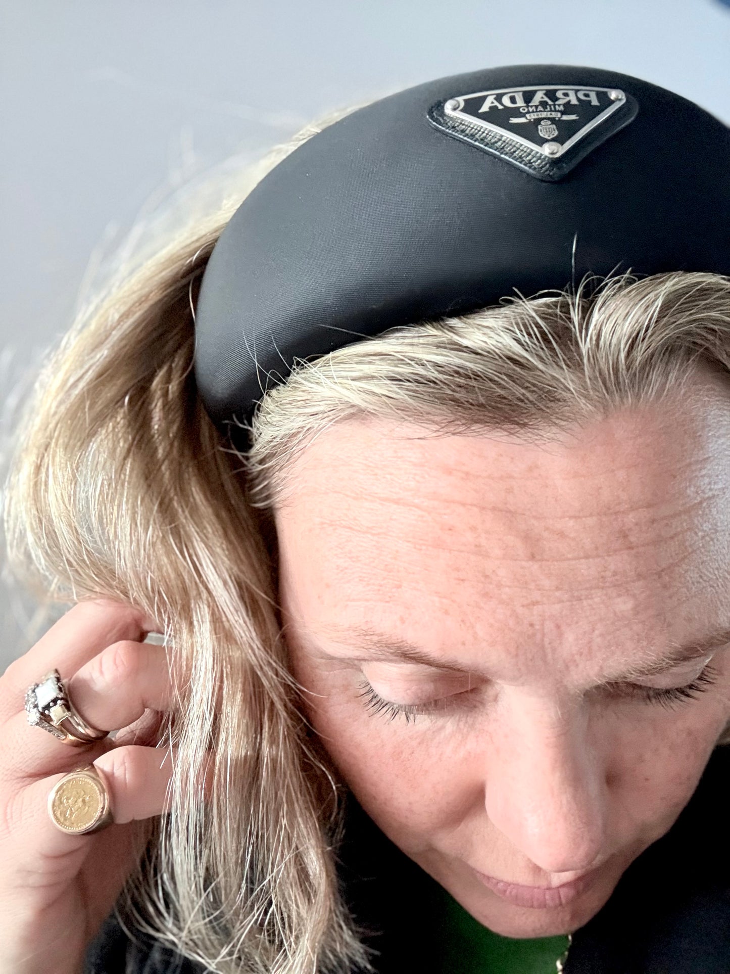 .1990s .2000s designer PRADA black hair accessory Triangle logo RE-NYLON oversized puffy headband