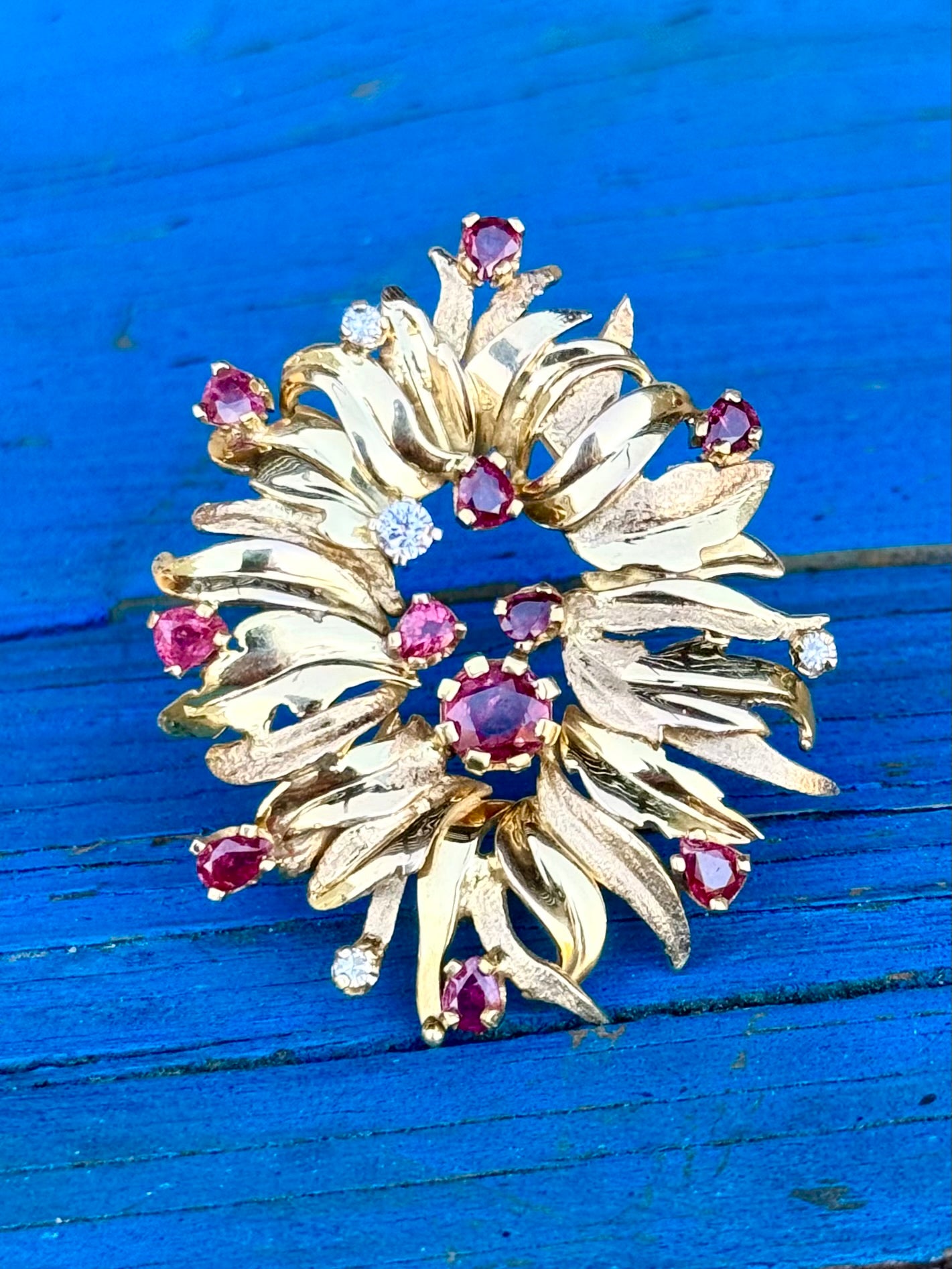 .1960s .1970s .375 gold modernist Diamond and Ruby gemstone heirloom Edelweiss flower spray brooch pin