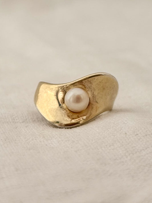 .925 Pearl gold tone Abstract free flow Luxury artisan made sterling silver gold plated ring band
