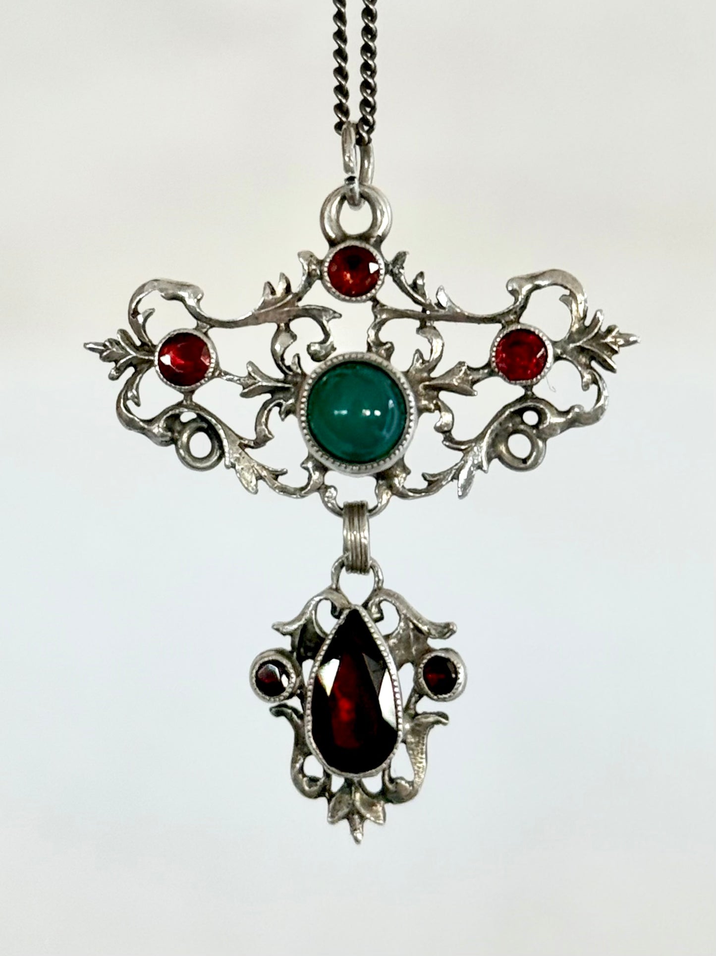 .1800s Antique Austro-Hungarian rare Garnet and Chrysoprase gemstone collectors treasure Victorian era silver lavaliere fancy filigree pendant