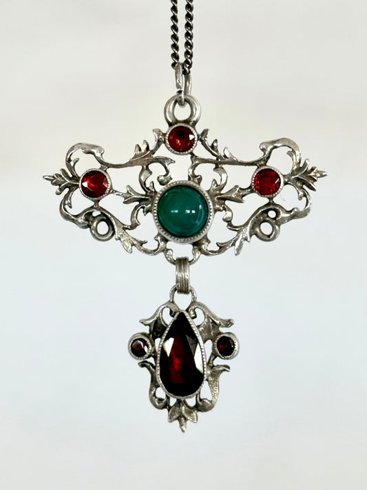 .1800s Antique Austro-Hungarian rare Garnet and Chrysoprase gemstone collectors treasure Victorian era silver lavaliere fancy filigree pendant