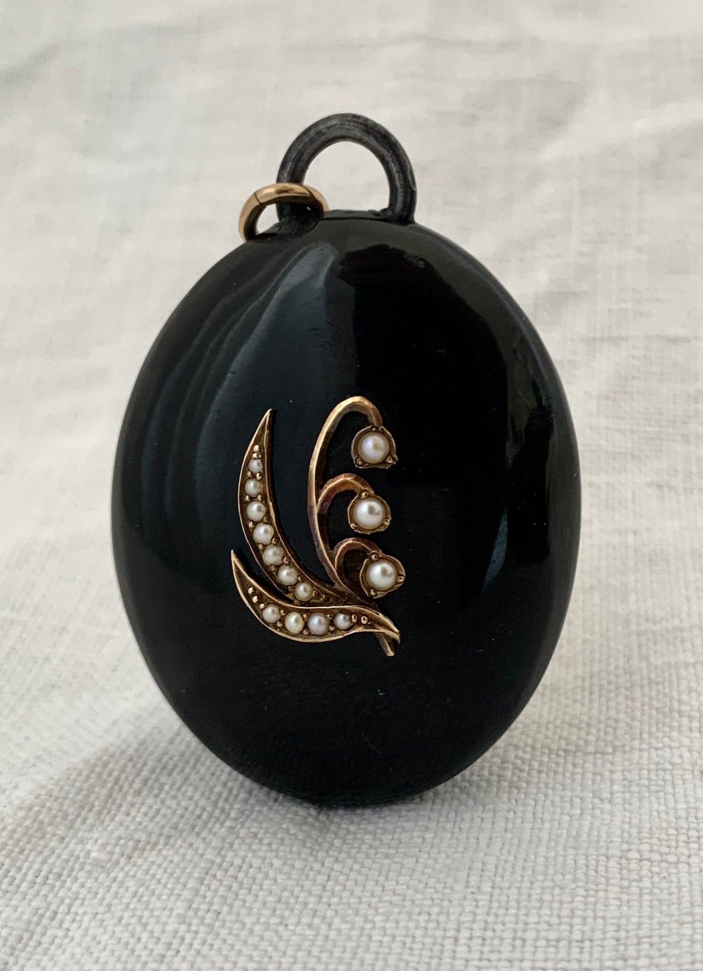 .1870s .1880s antique Victorian era rare and gorgeous natural Pearls and French Jet gold detailed Mourning locket pendant