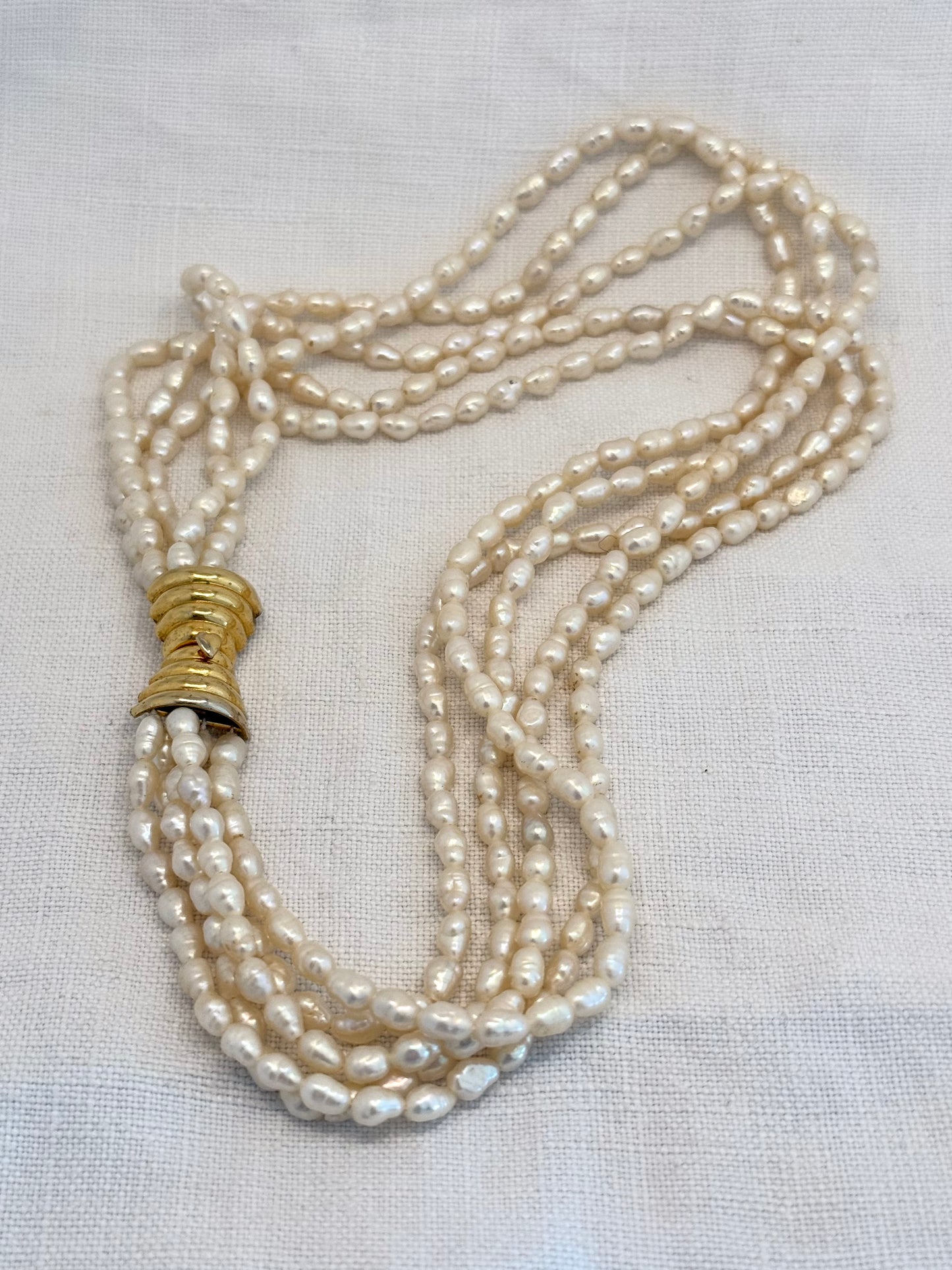 .1980s .5 Strand multi strand Freshwater creamy lustrous Modernist luxury Rice Pearl Necklace