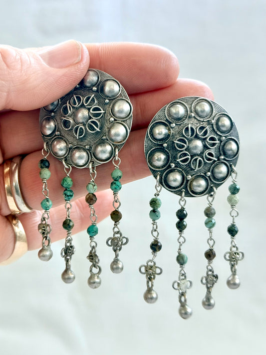 .925 HelenSilverSmit artisan made African Turquoise Tribal shield fringe dangle gemstone earrings