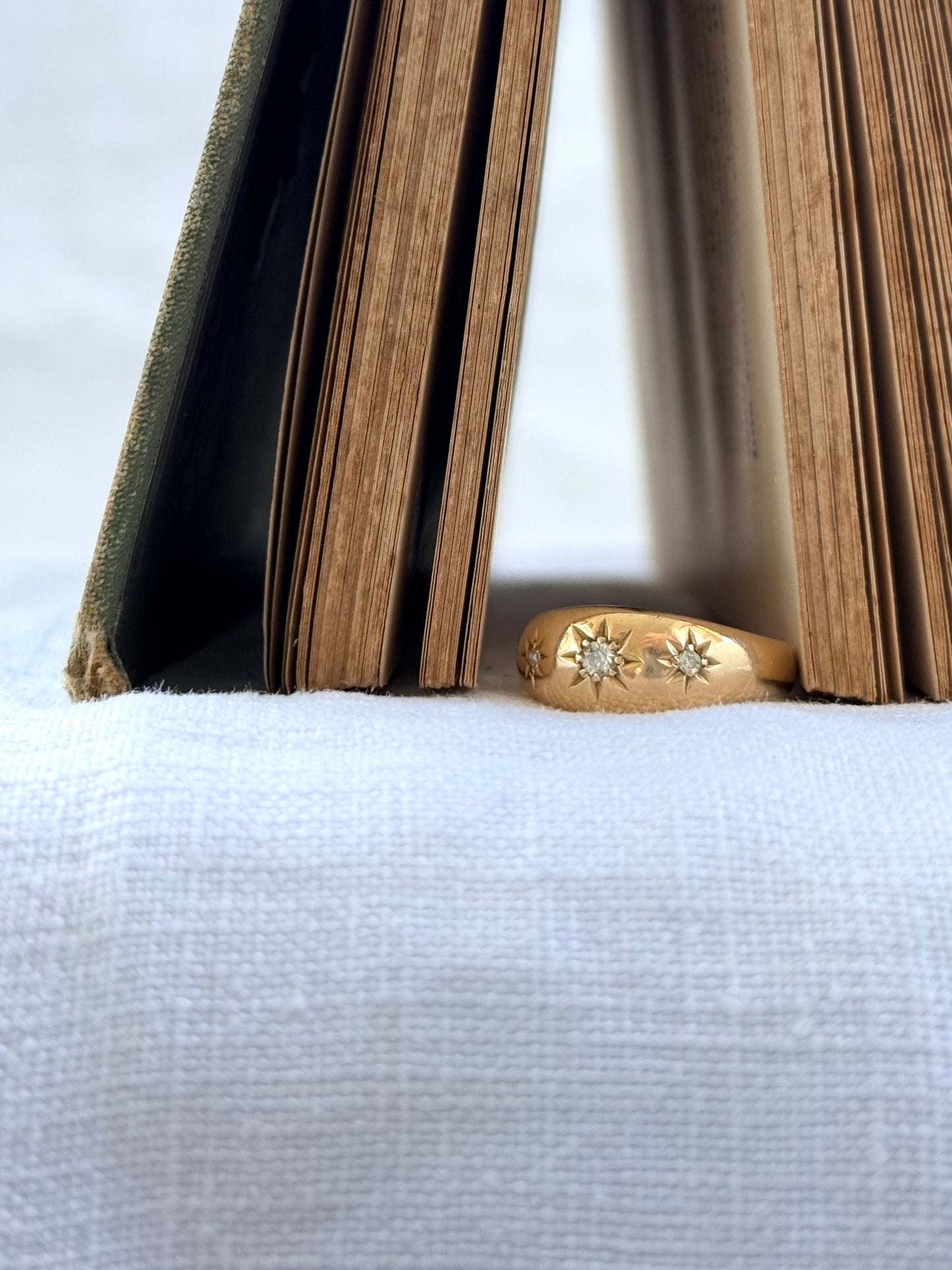 .1894 .18ct .3 diamond Birmingham circa 1894 fancy three star starburst diamond gypsy band high carat gold Victorian engagement wedding commitment ring