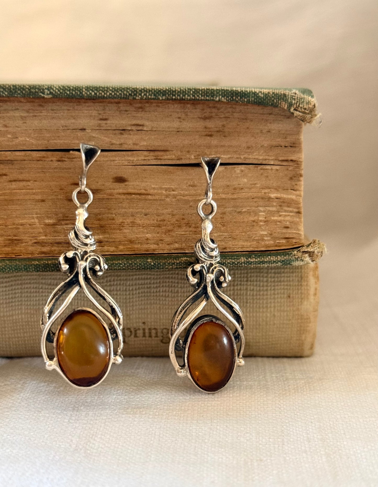 .925 Baltic Amber gemstone romantic antique revival sterling silver drop dangle earrings