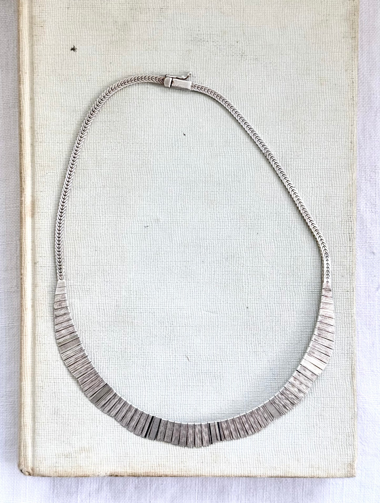 .1960s .1970s .925 Cleopatra Bib styled Scallop form textured form Mid Century Modern bib sterling silver necklace