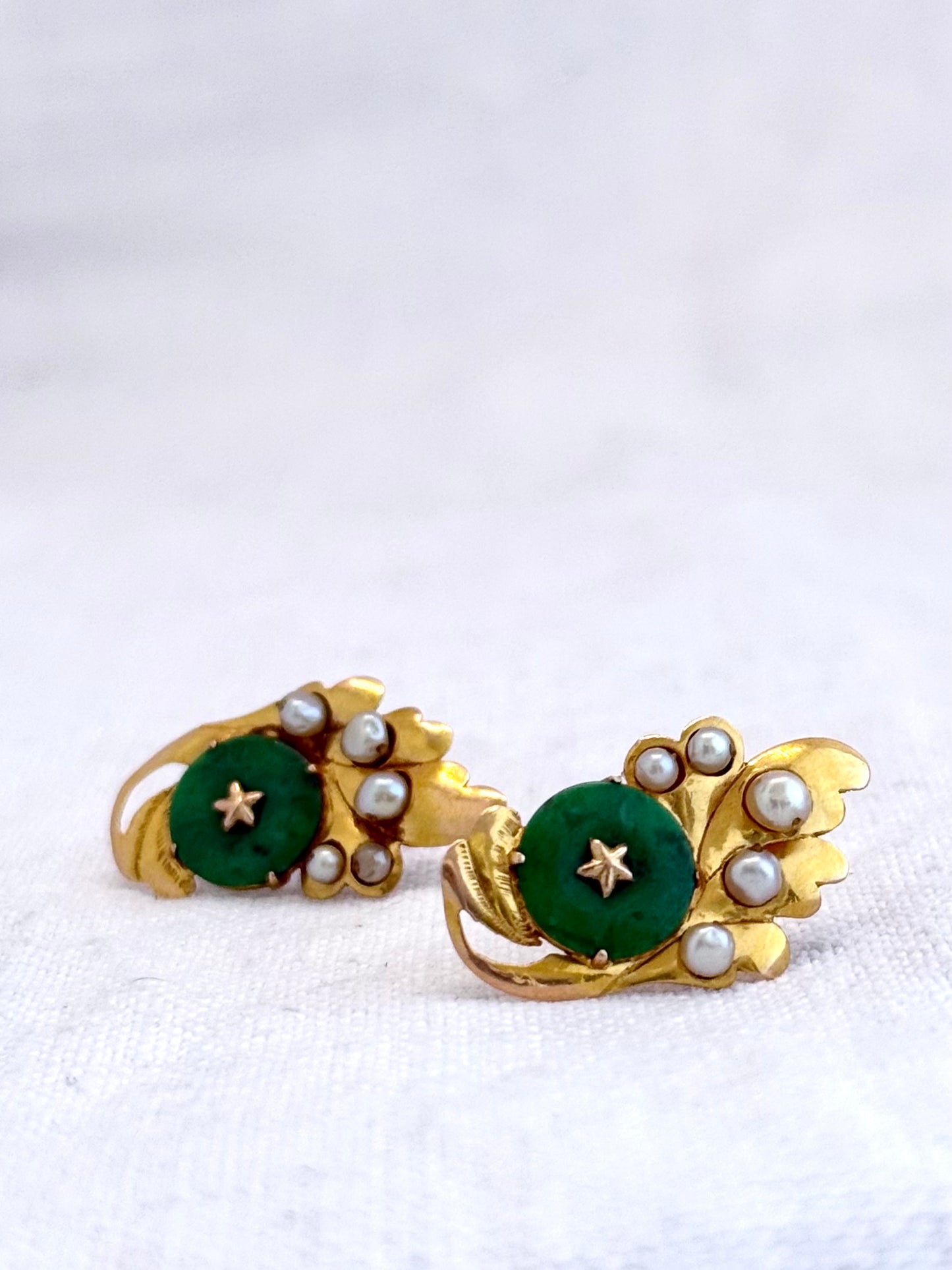 .14ct .1920s Apple Green Art Deco era Chinese Jade and pearl high yellow carat gold leaf earring with Apple green Jadeite star set seed pearl Chinese 1920s era antique high carat gold post stud earrings
