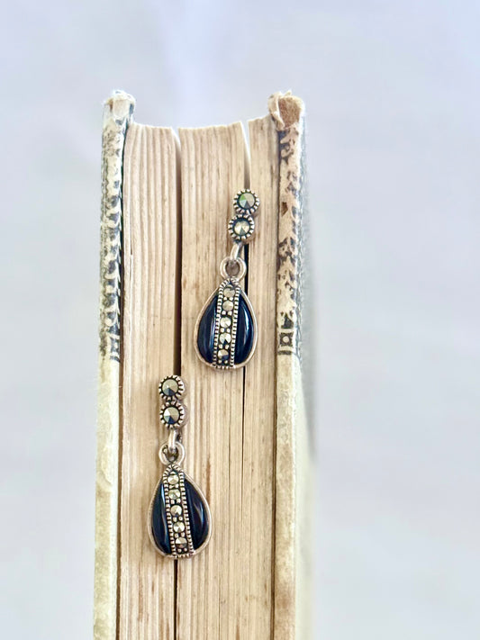 .1920s .925 Art Deco revival Onyx and Marcasite bedazzled teardrop drop dangle earrings