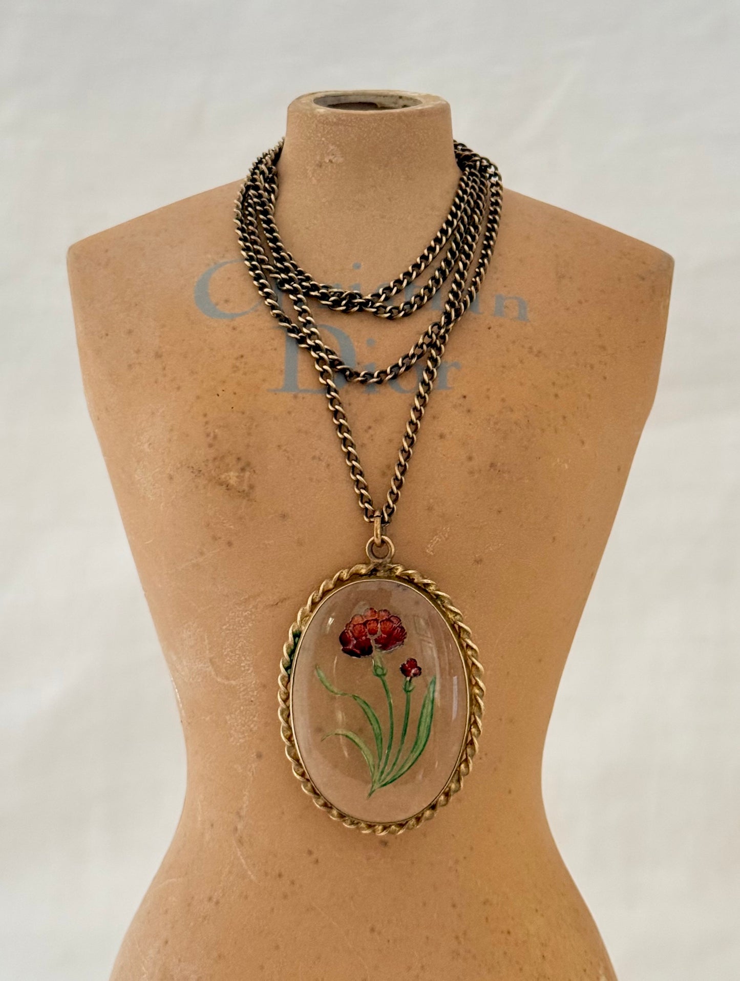 .1900s .1920s antique artisan reverse glass Carnation flower hand painted floral glass cabochon pendant