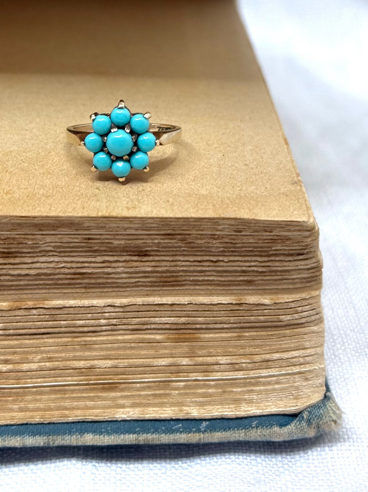 .375 .9ct gold cluster turquoise flower classic precious gemstone gold ring