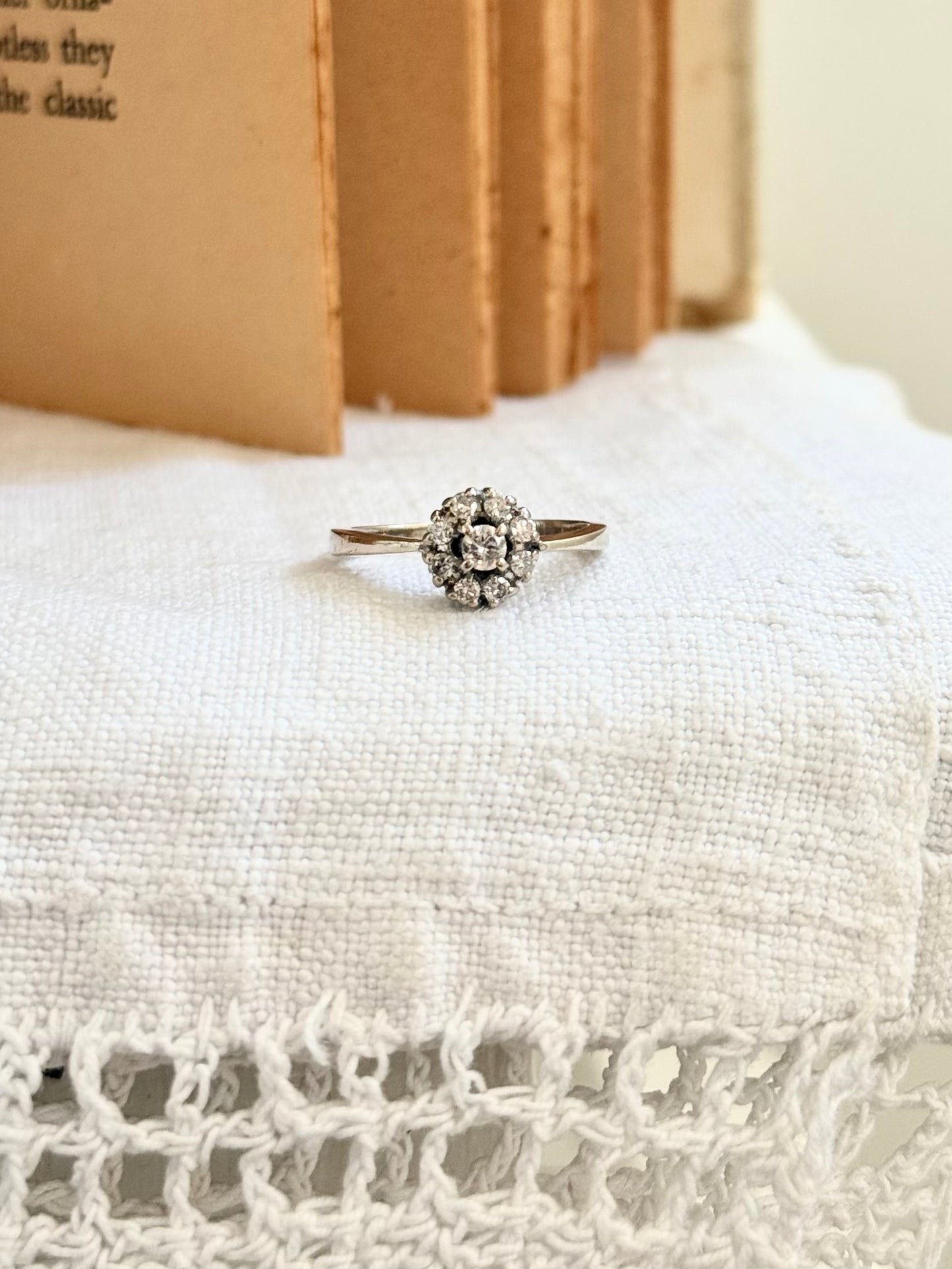 .18ct .1950s .1970s .9 diamond .750 white gold Diamond cluster flower floret halo diamond heirloom diamond gold commitment ring engagement ring