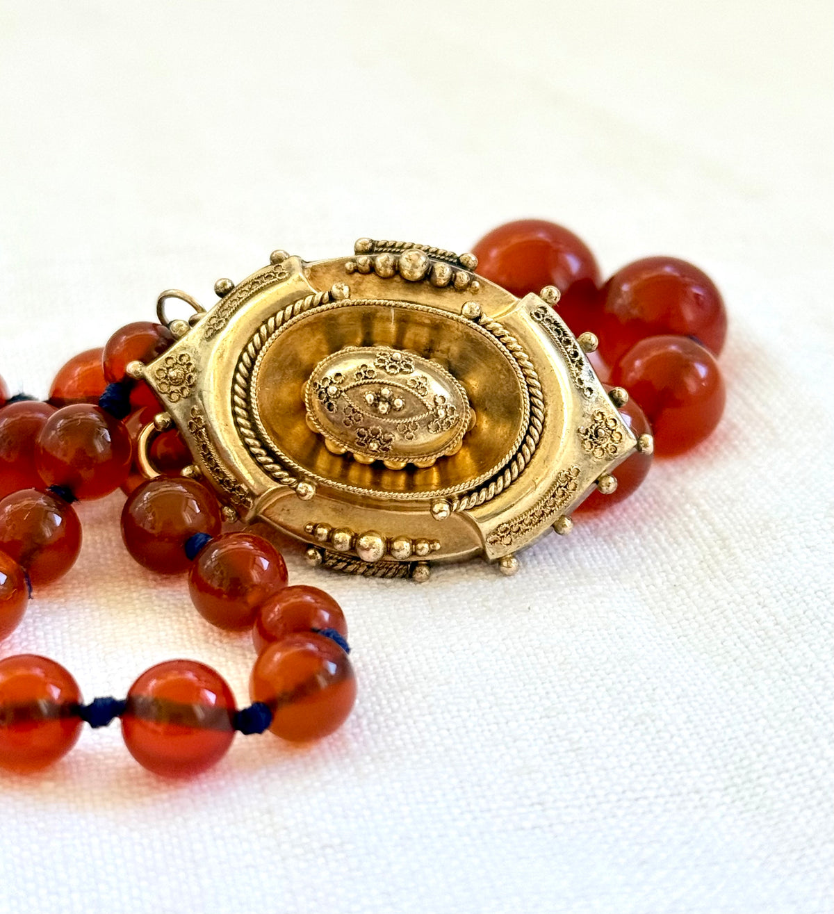 .1800s .375 .9ct gold Antique decorative fine Etruscan revival Victorian ornate gold oval pendant on luxury Carnelian bead graduated gemstone necklace setting