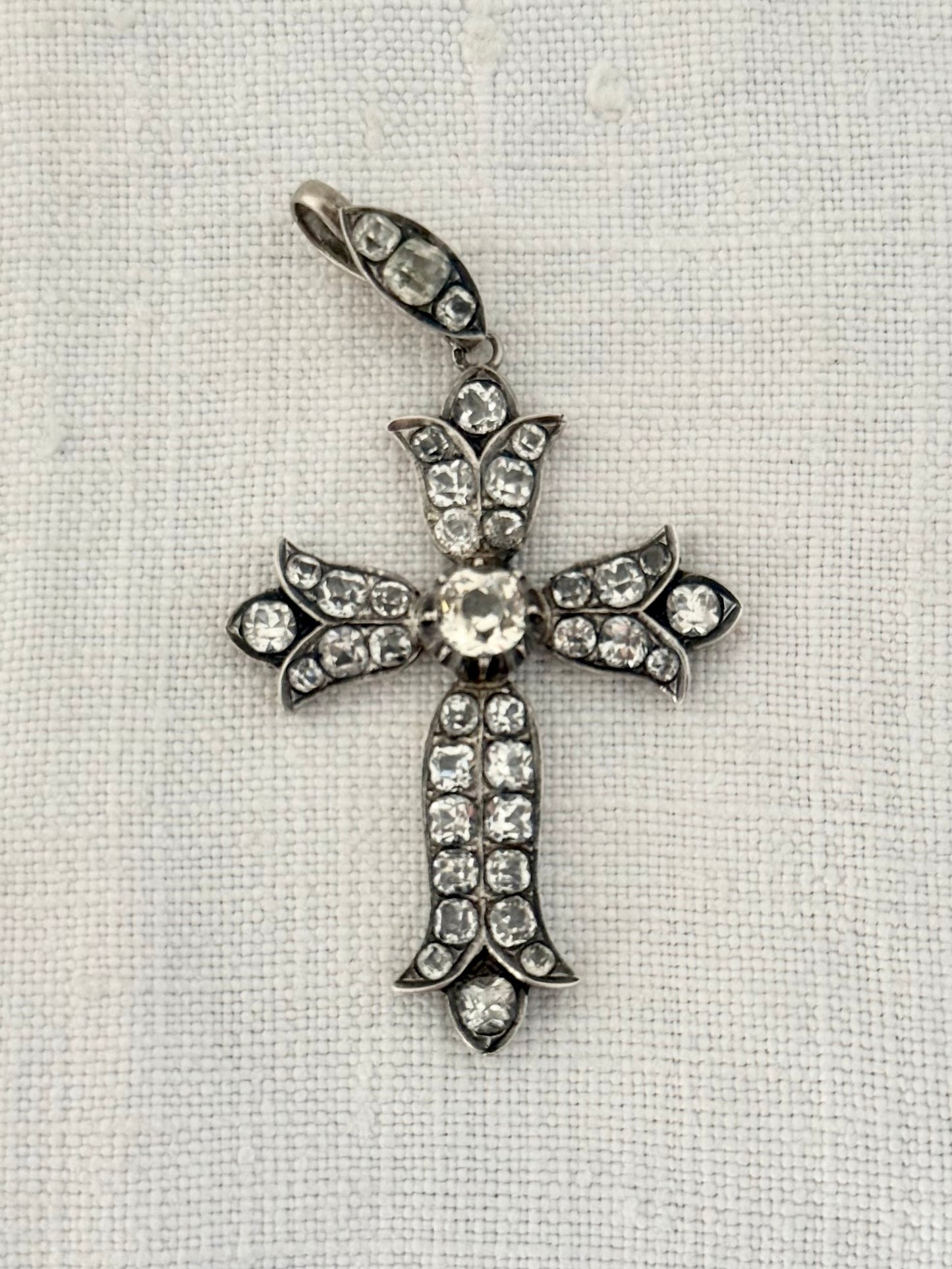 .1860s .1870s antique French silver collectors treasure Fleur de Lis Rock Crystal cross pendant