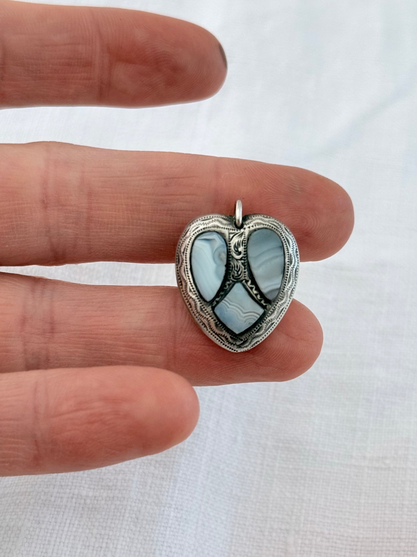 .1860s .1870s .925 antique Victorian lace agate puffy heart rare desirable pebble stone sweetheart love token pendant