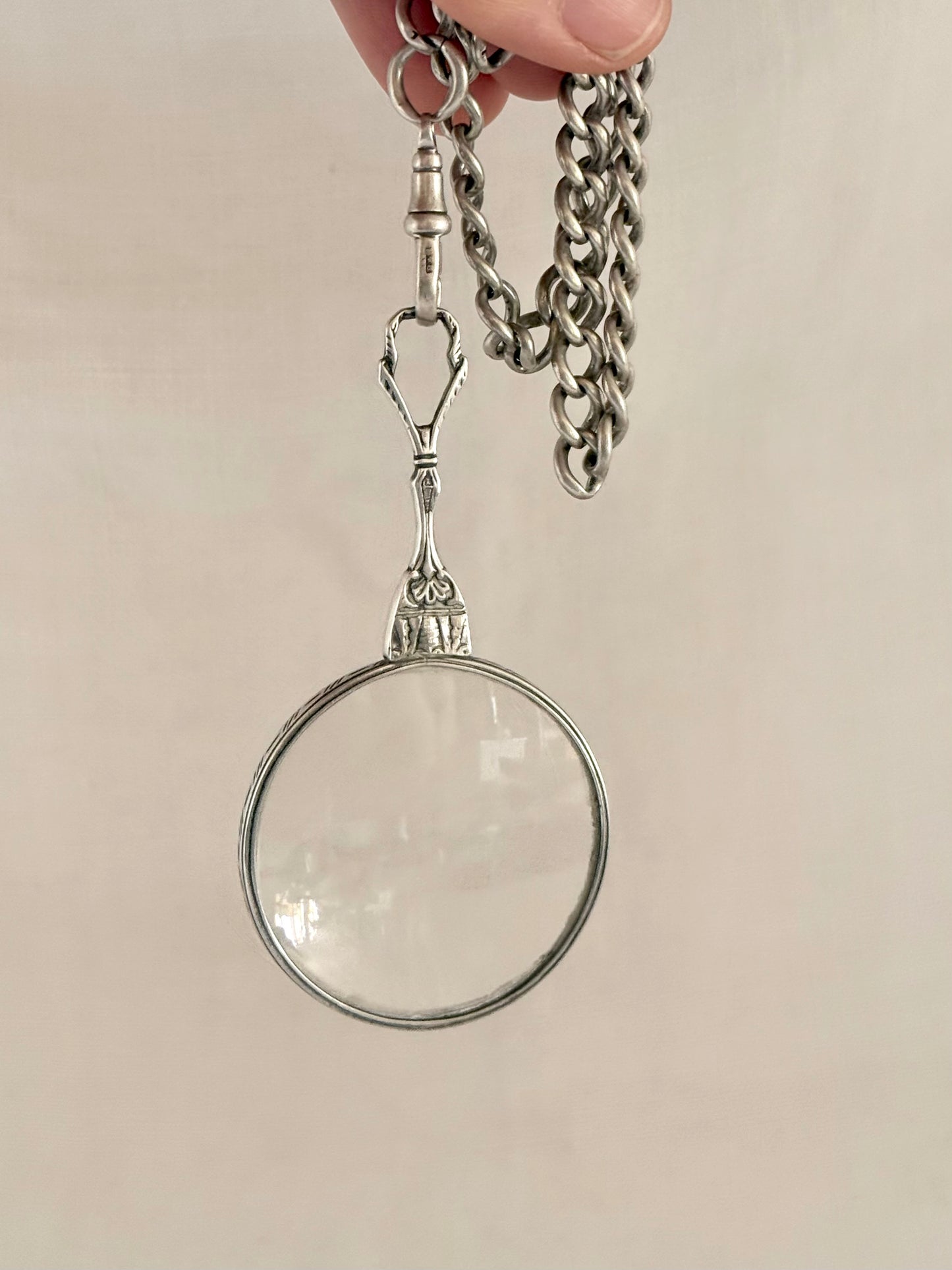 .1920s Art Deco revival .925 hallmarked silver solid silver mono glass magnifying glass quizzer pendant