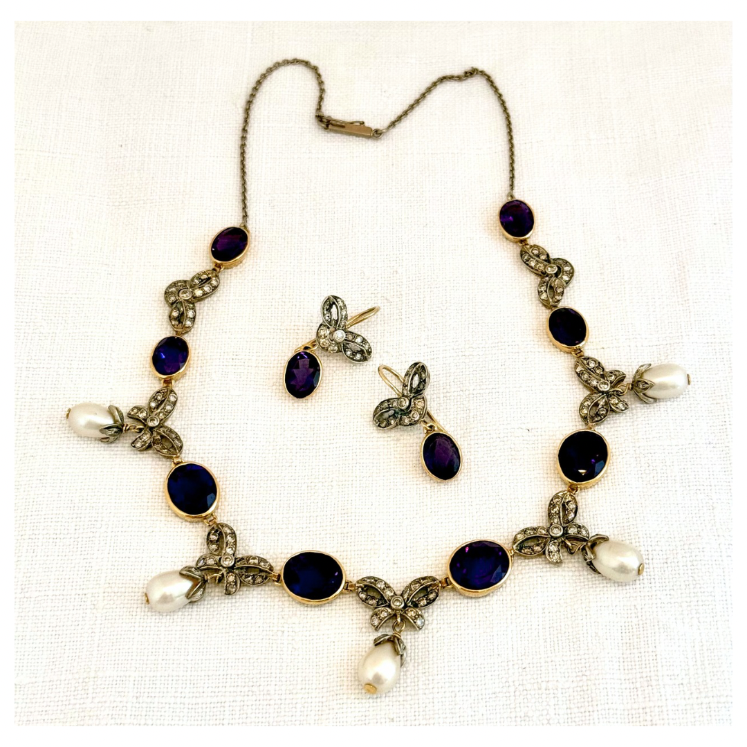 .1880s 1900s .18ct gold antique Belle Epoque Amethyst Diamond and pearl bow and ribbon Collier 750 marked necklace and earring set