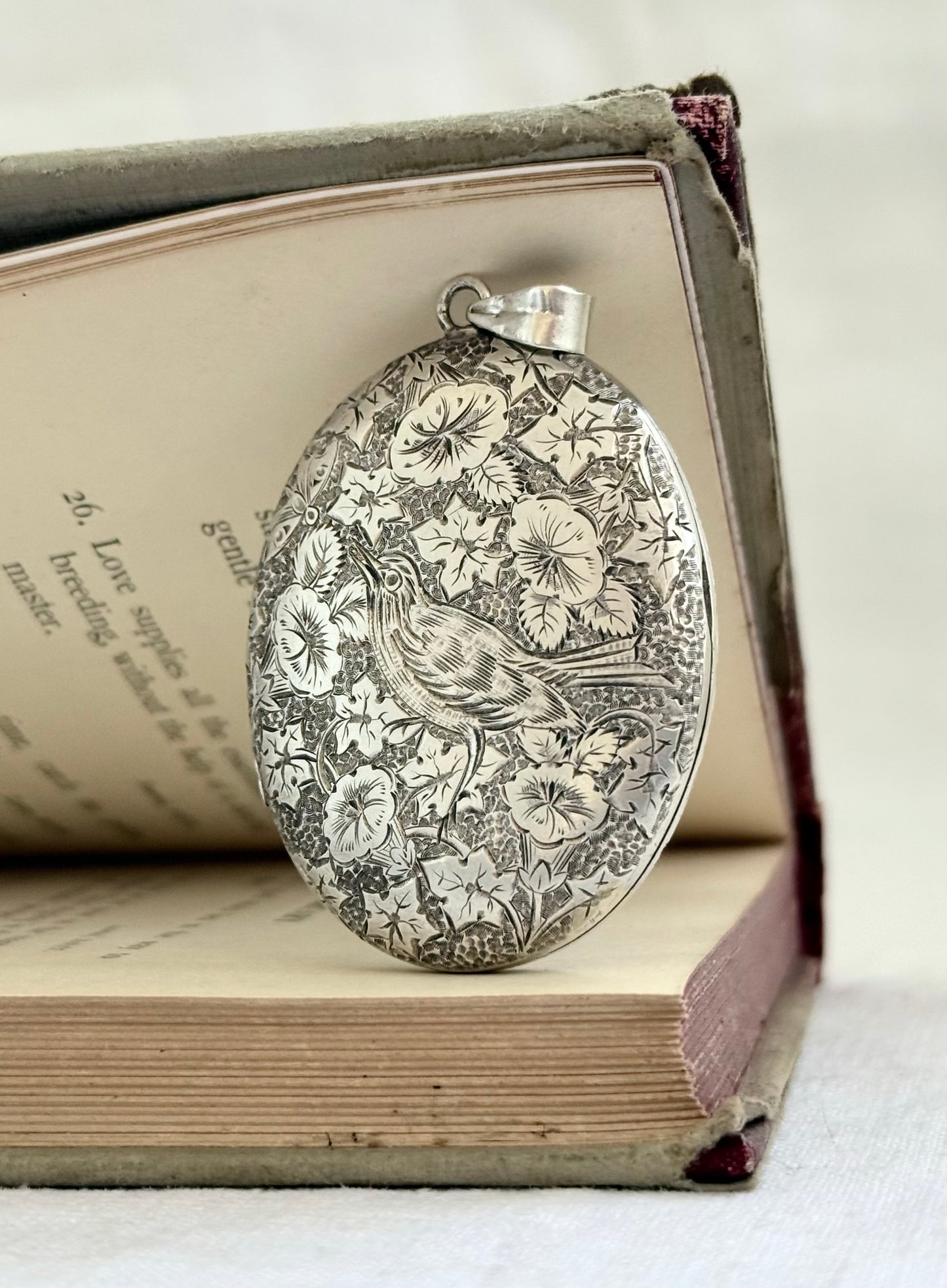.1880s .1890s .925 large Victorian Aesthetic deep engraved Swallow and floral detailed antique French sterling silver locket