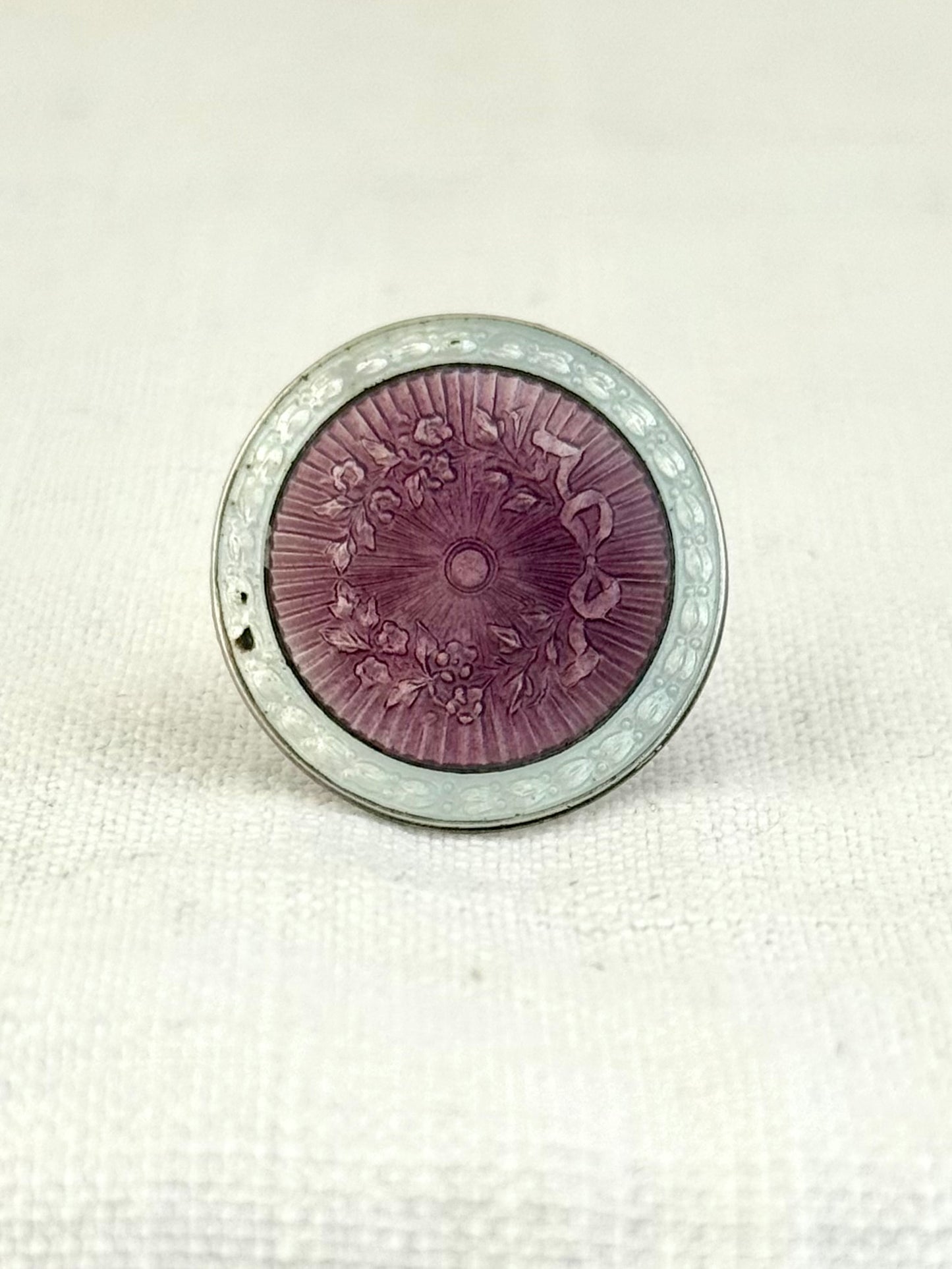 .1928 .925 Art Deco Birmingham silver lilac purple and white guilloche enamel button brooch lapel pin