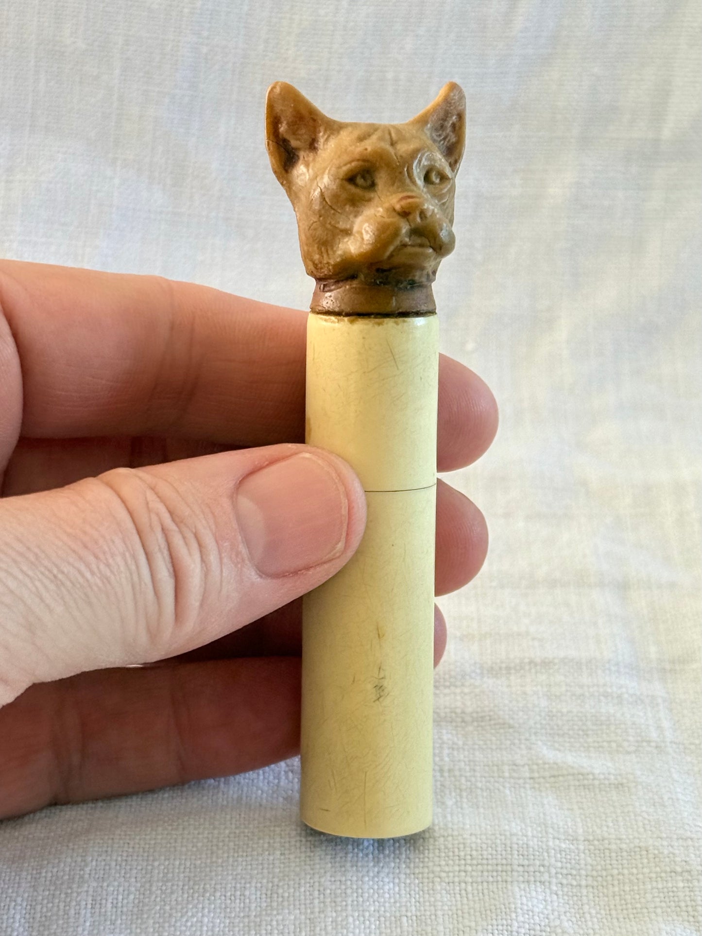 .1920s .1930s Art Deco rare hand carved French Bull Dog bakelite novelty perfume holder figural dog figurine case