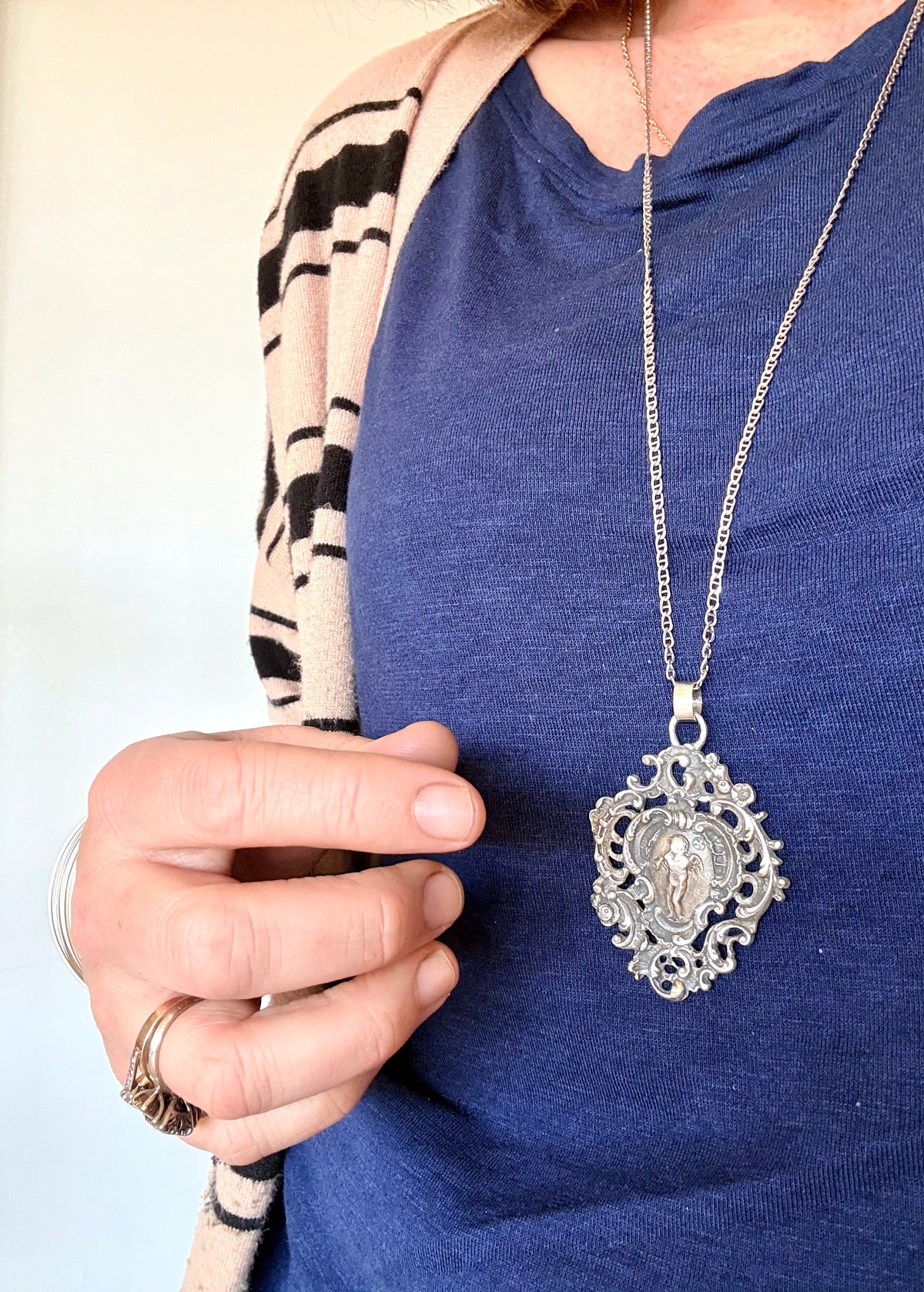 .1896 .925 antique Baroque revival left angel trumpet playing cherub filigree large sterling silver Victorian hallmarked silver pendant
