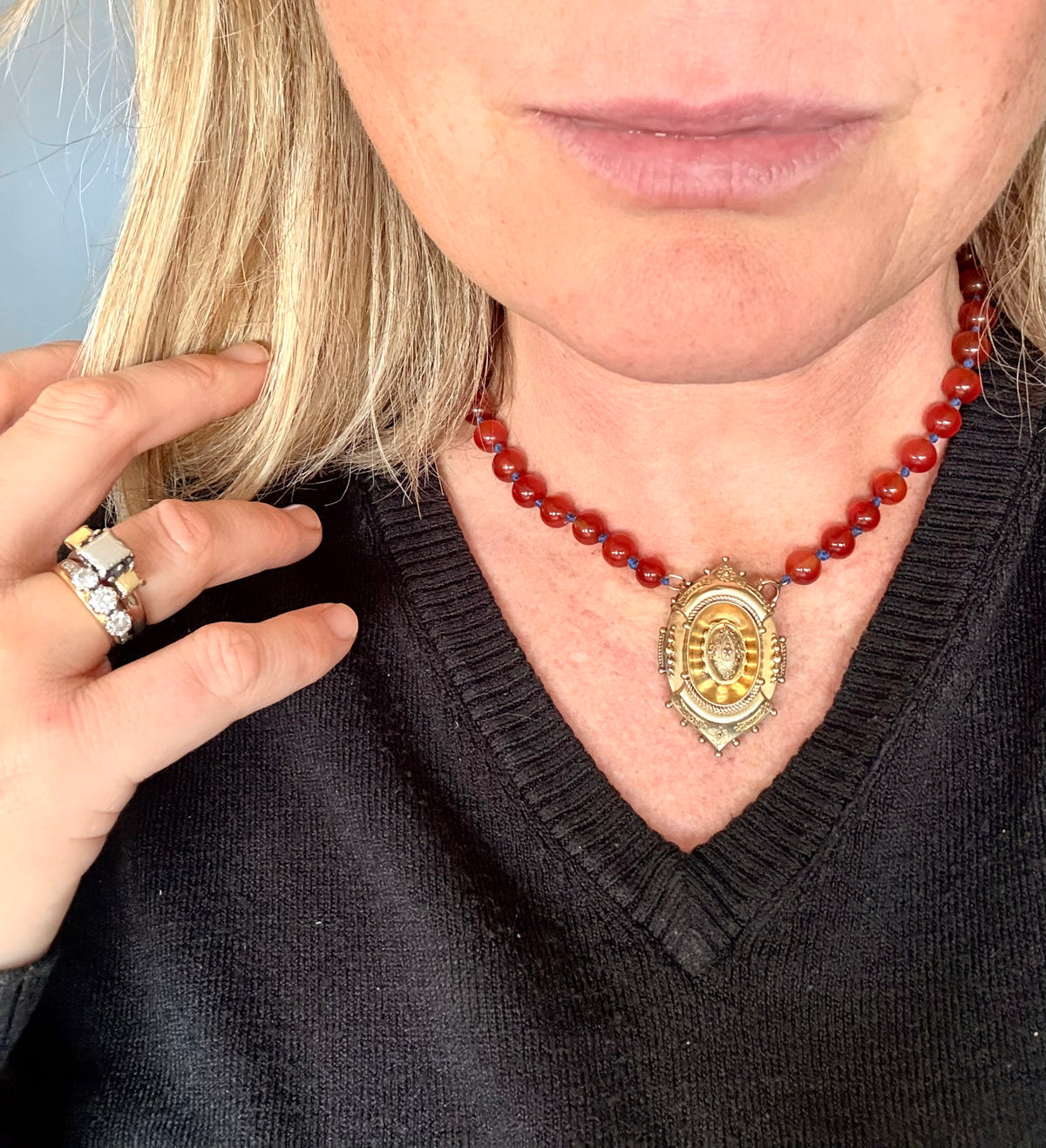 .1800s .375 .9ct gold Antique decorative fine Etruscan revival Victorian ornate gold oval pendant on luxury Carnelian bead graduated gemstone necklace setting