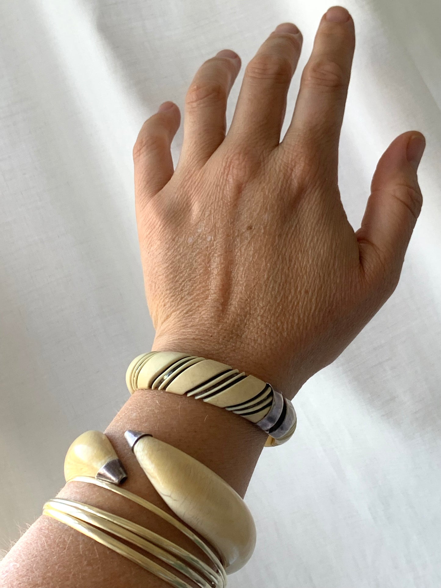 .925 1960s 1970s pre ban ivory bone sterling silver wire and elephant hair wrapped clasp bangle