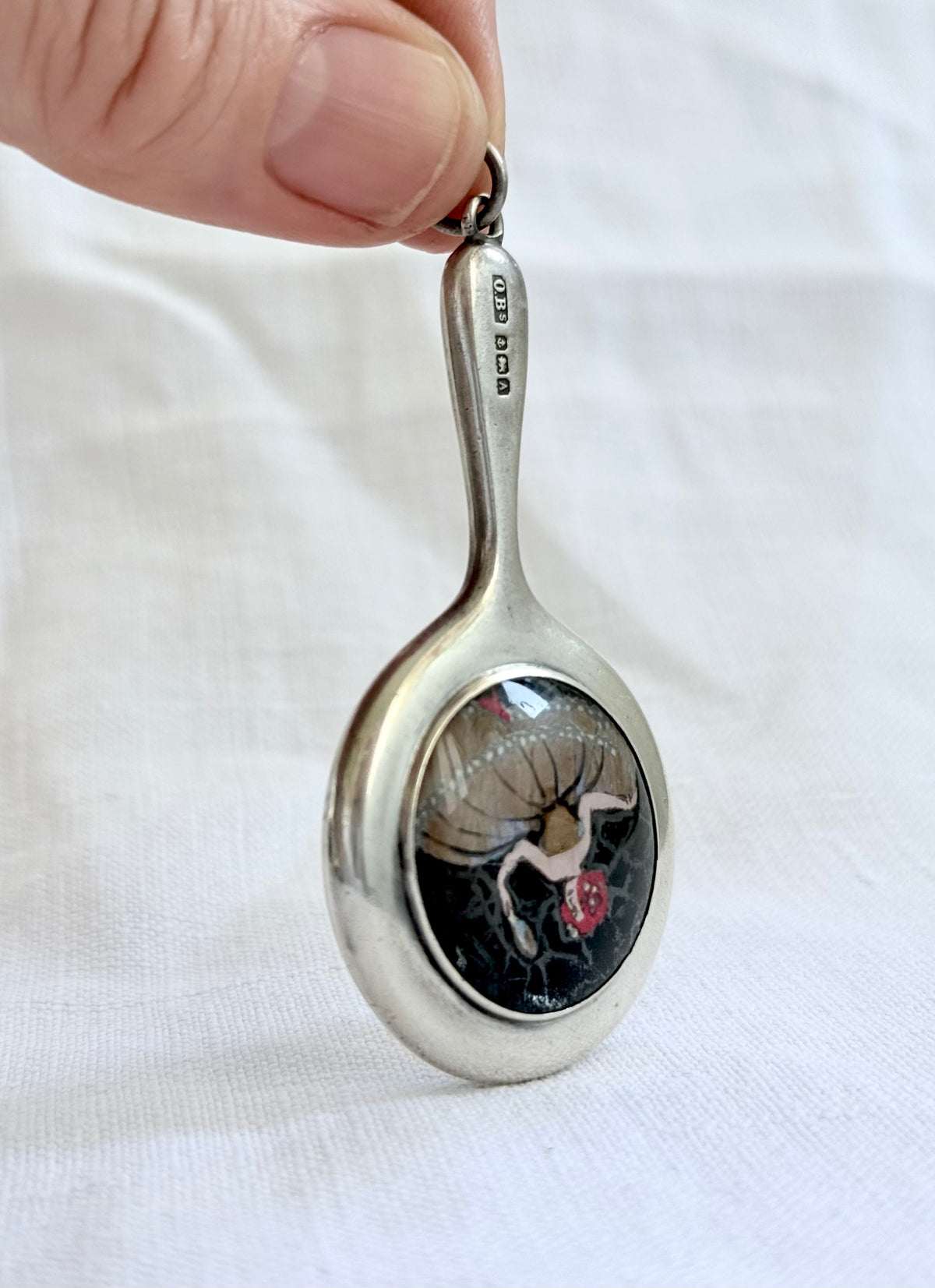 .1925 .925 antique Art Deco sterling silver mini chatelaine mirror hand painted butterfly wing miniature art micro chatelaine silver mirror pendant