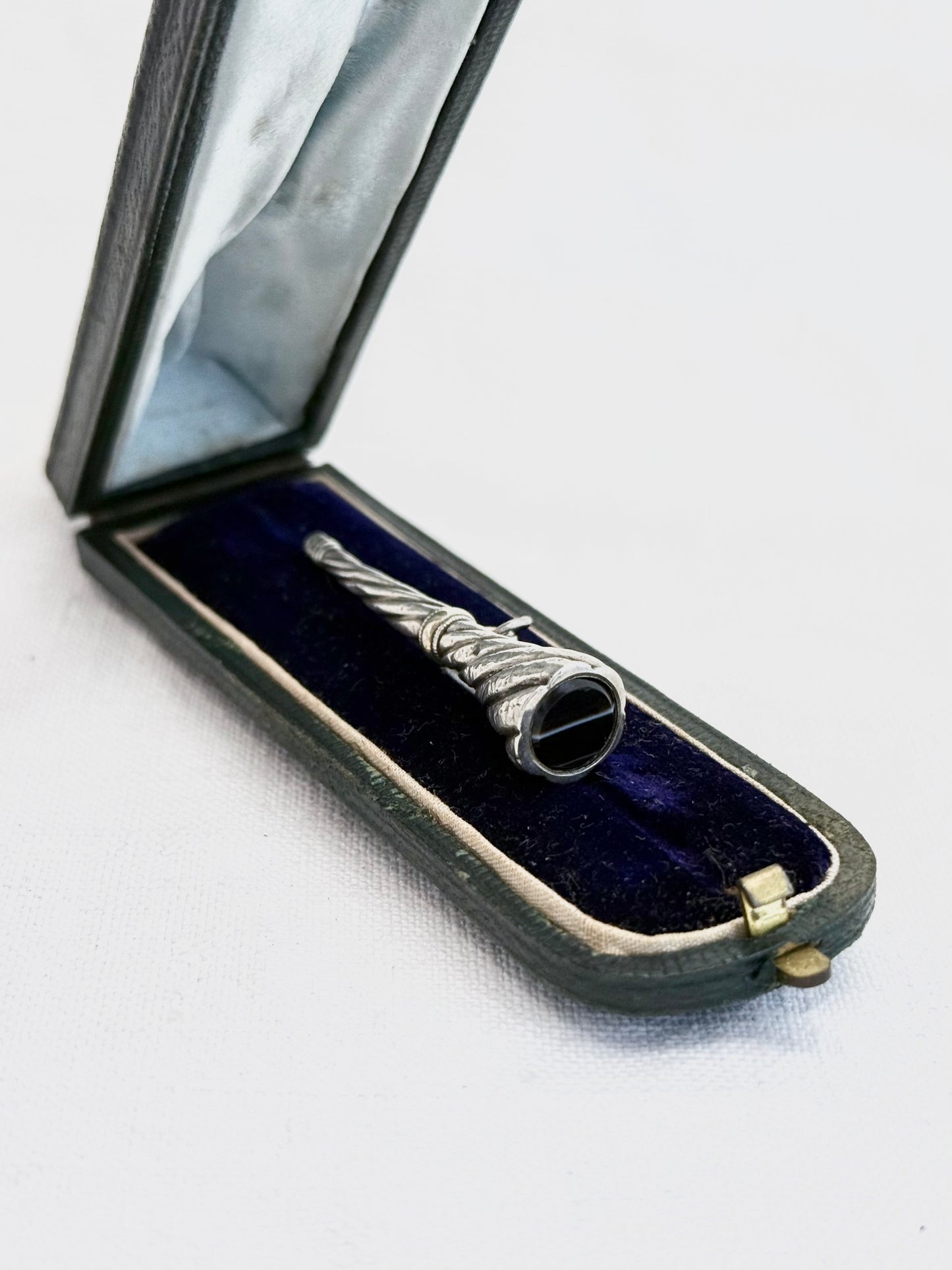 .1880s .1890s antique banded agate silver watch winder key Trumpet Shape horn of plenty Cornucopia pendant with banded Black Agate Gemstone accent