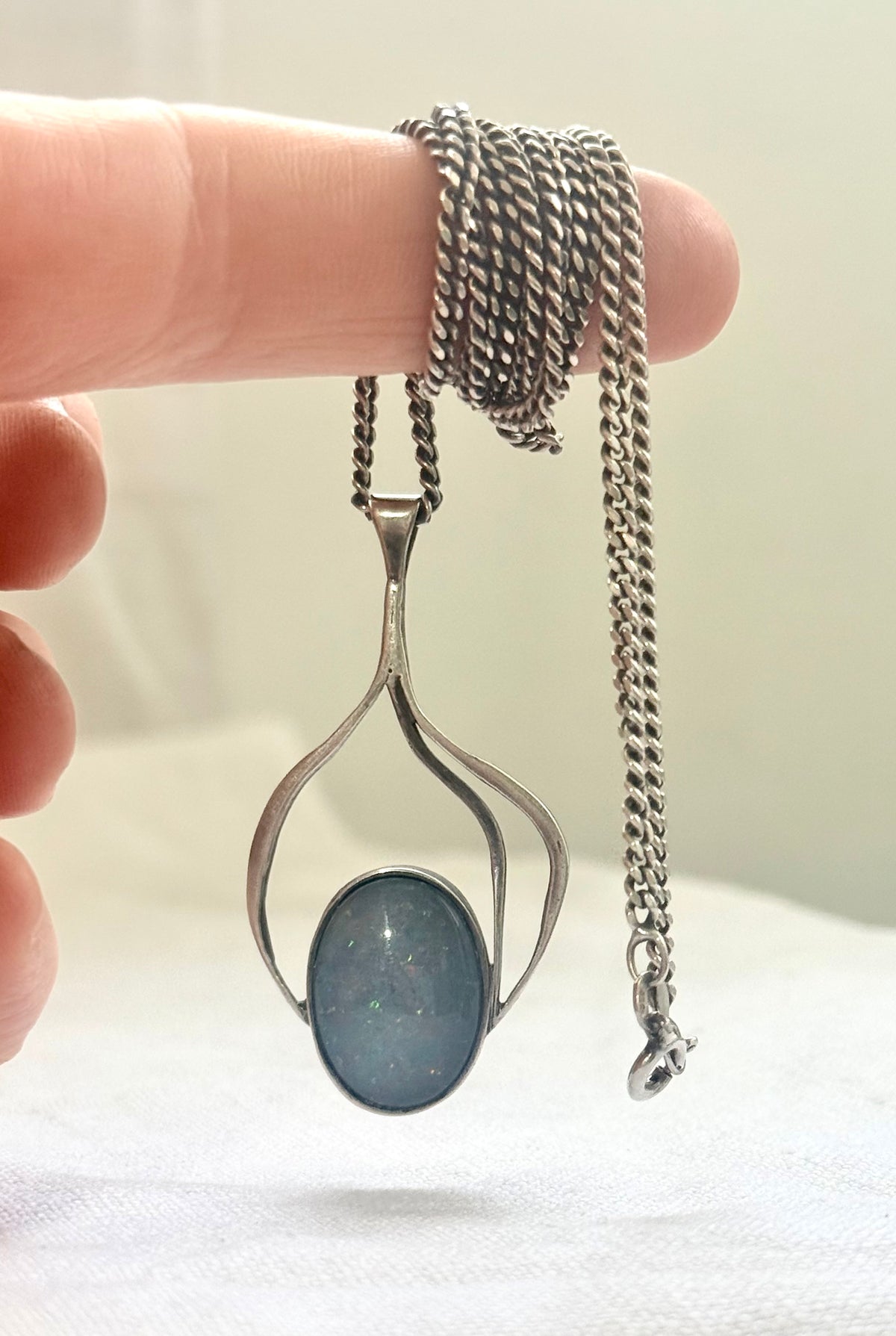.1970s .925 modernist Blue Galaxy Opal gemstone pendant on solid retro flat curb chain necklace