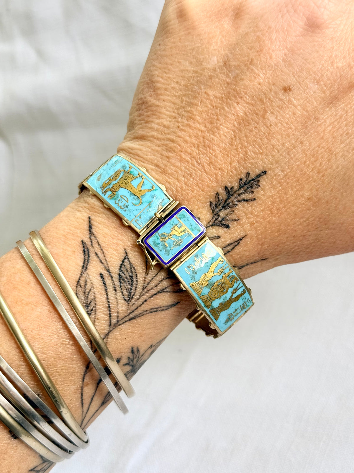 .1920s .935 Egyptian silver rare desired Egyptian revival gold gilded turquoise enamel 6 panel pictorial Pharaoh Egyptology enamel silver gold bracelet