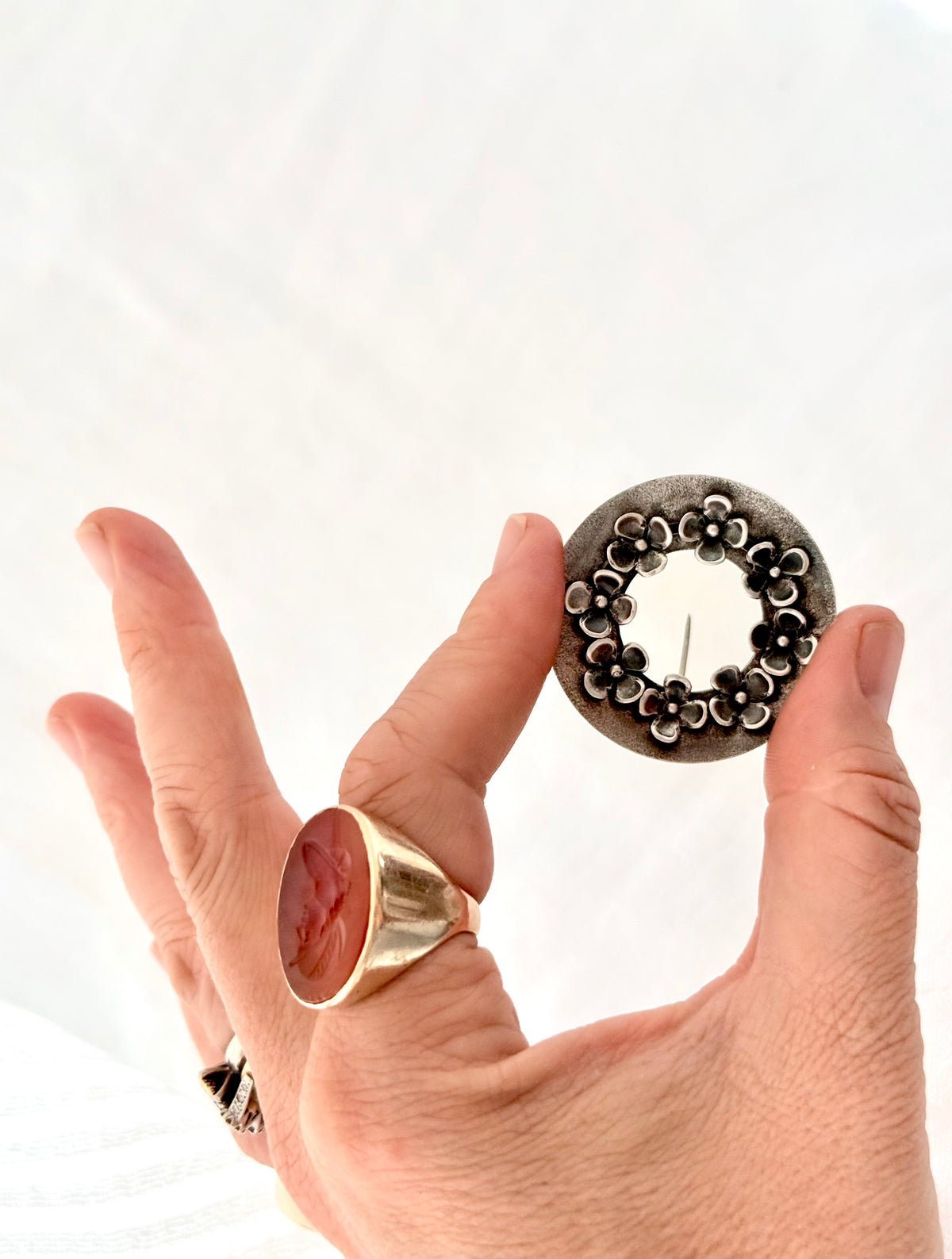 .1950s .1960s .925 sterling silver hand made modernist Mid Century Modern flower daisy wreath solid silver circle brooch