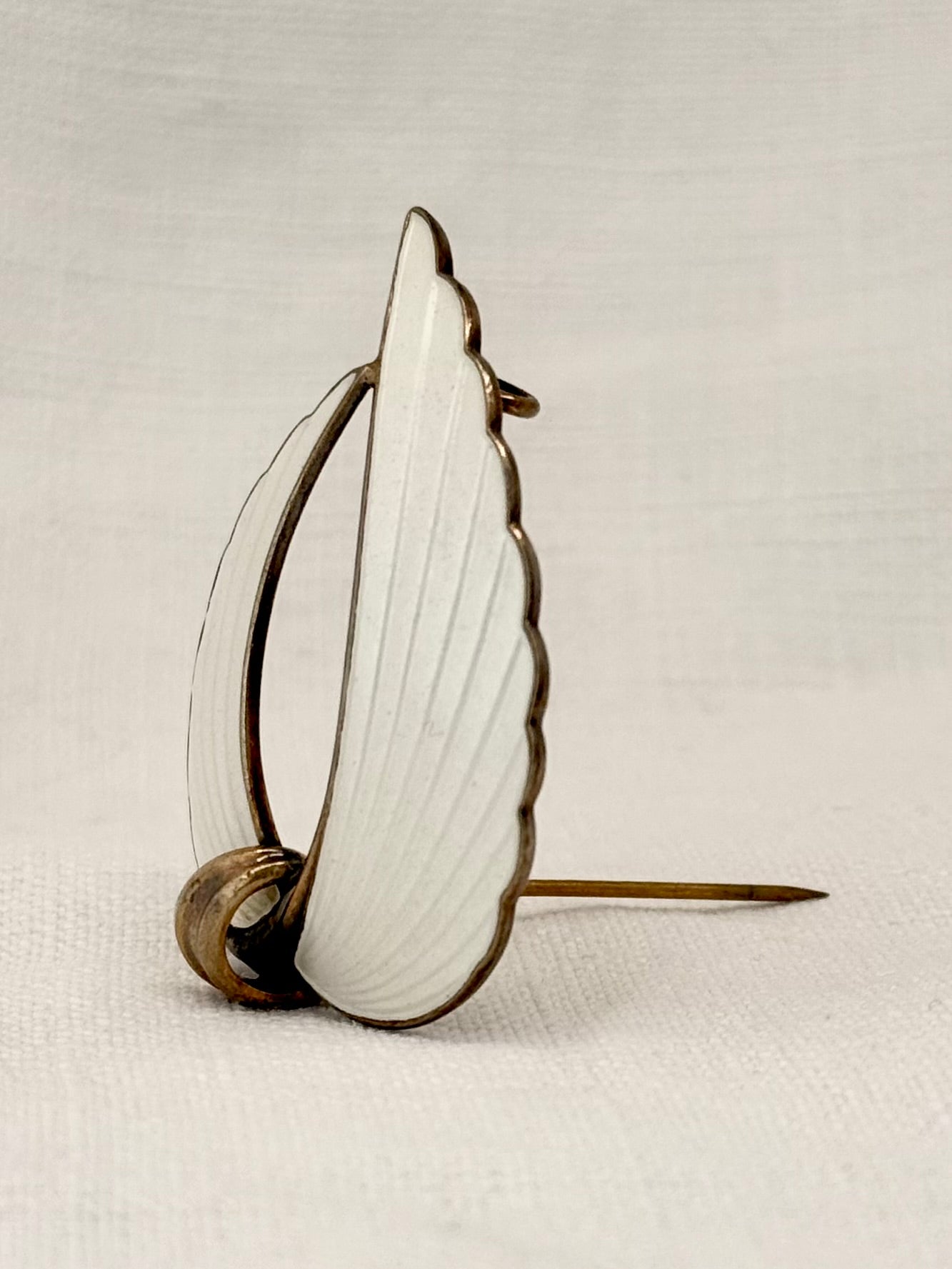 .1940s .925 Albert Scharning Norway silver and ice white guilloche enamel Viking leaf Scandinavian mid century modern designer brooch pin