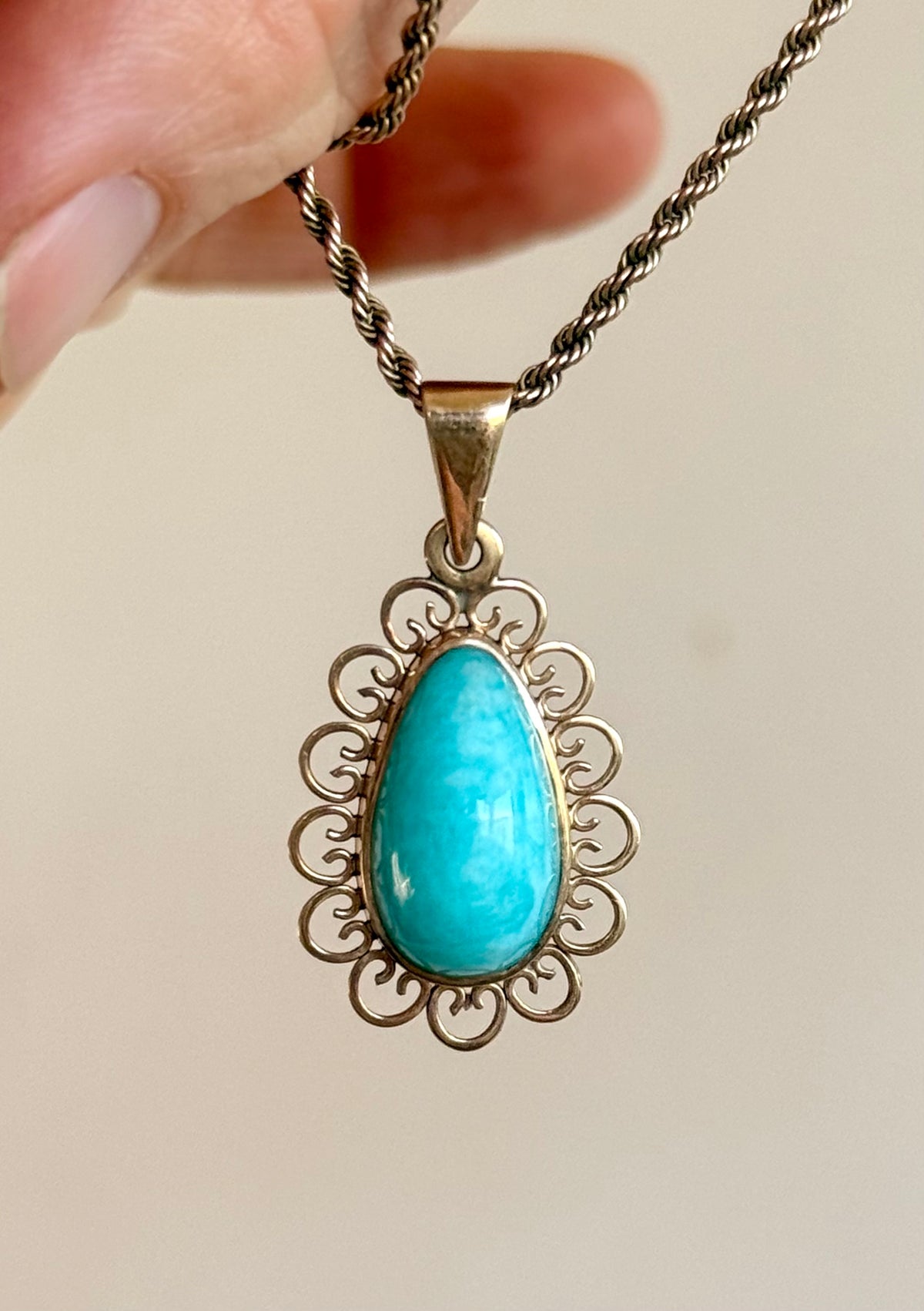 .1940s .1950s .375 .9ct gold Amazonite vintage yellow gold modernist teardrop pear shaped filigree scroll form frame blue green gemstone drop pendant.