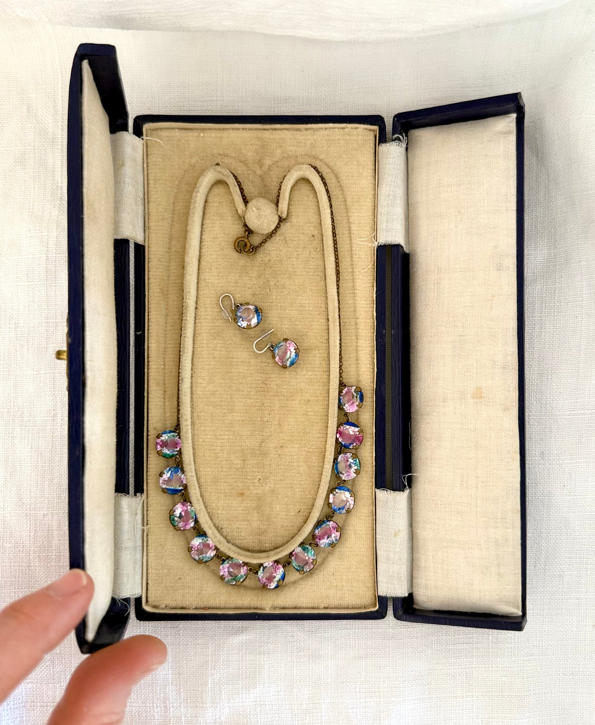 .1920s .1930s Iris Glass Riviera necklace and earring set in original presentation box