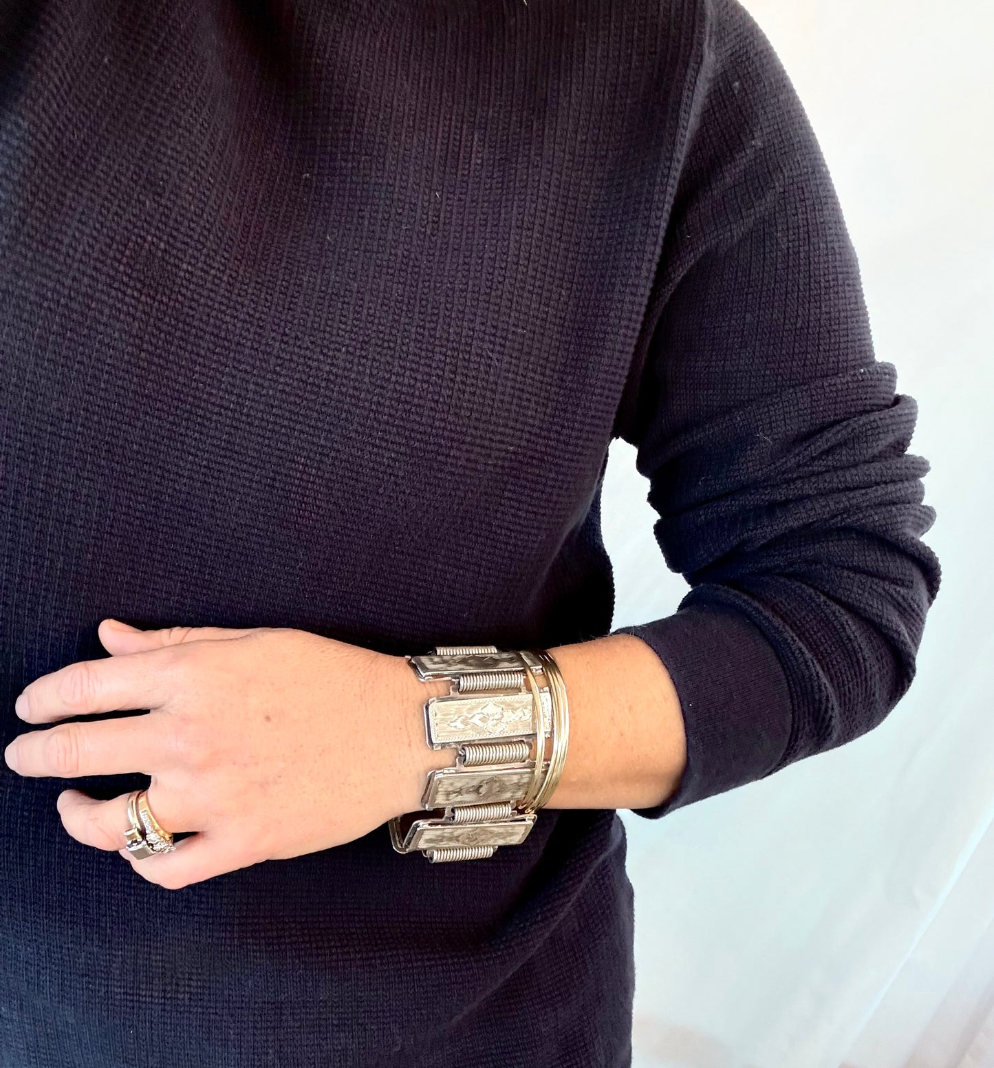 .1880s .1890s .925 Aesthetic Victorian era wide link and solid silver etched panel bracelet