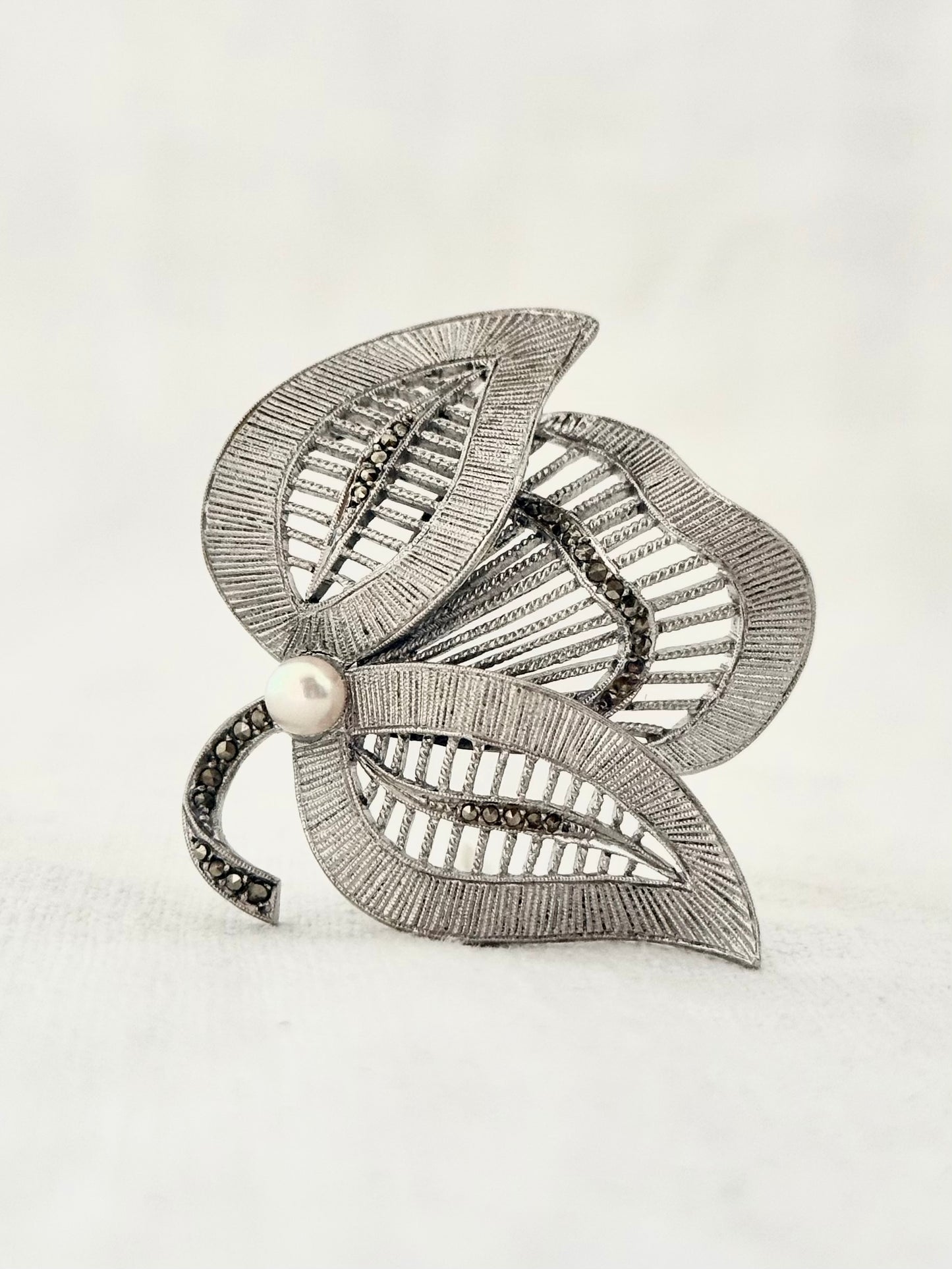 .1940s .1950s .925 Art Deco revival Theodor Fahrner designer Mid Century Modern geometric leaf and pearl renowned German sterling silver marcasite designer brooch pin