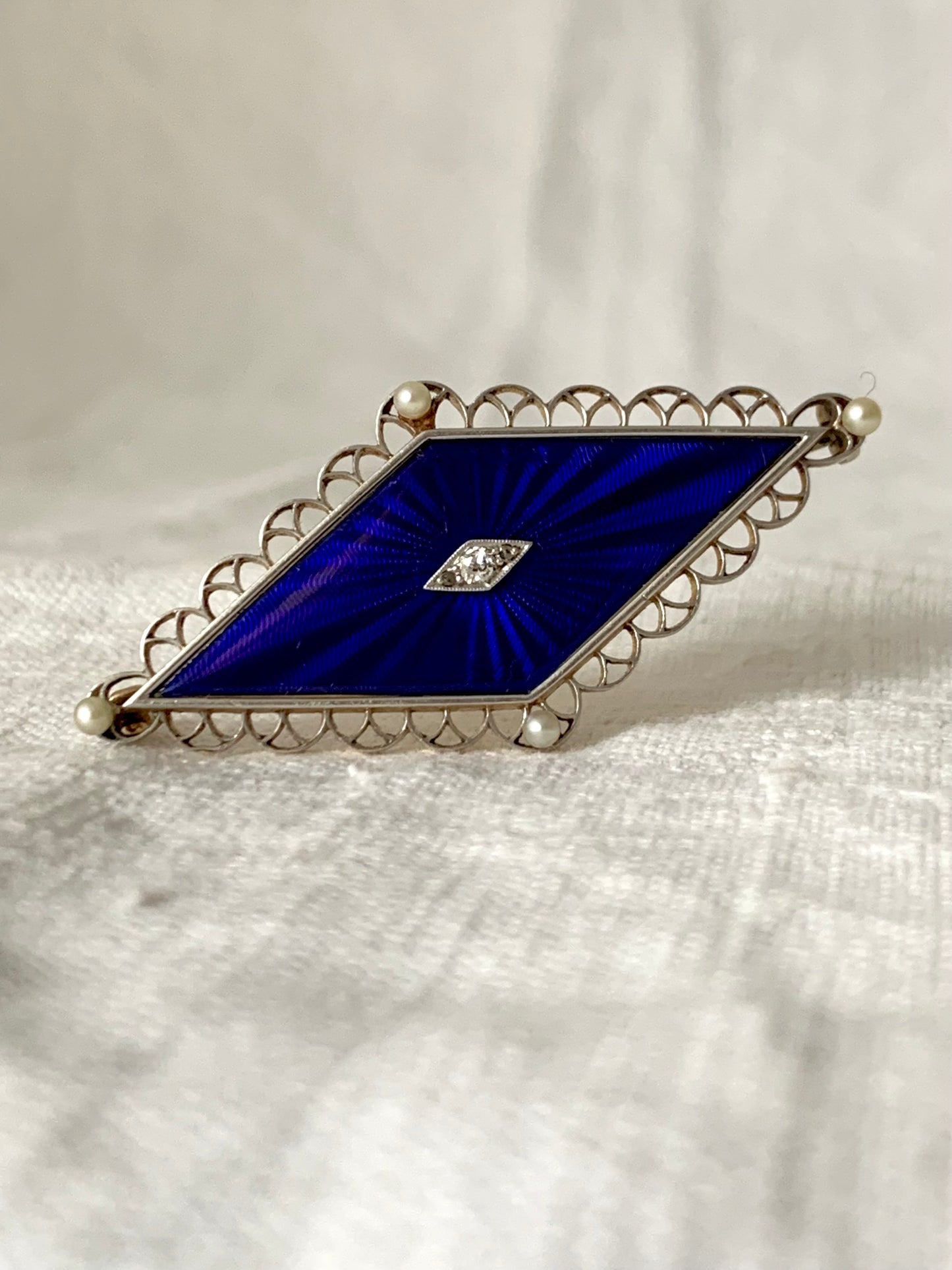 .585 14ct 1900s antique 3 diamond 4 pearl celestial star Art Nouveau Edwardian royal blue guilloché enamel, diamonds, pearl collectors item rare treasured brooch