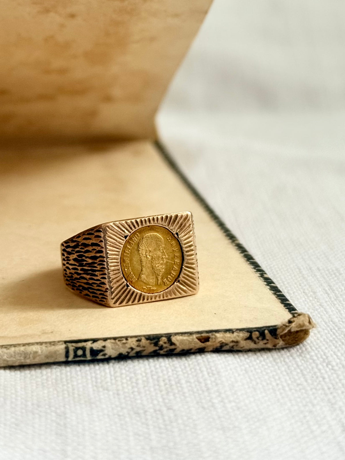 .1960s circa .1865 .375 .9ct gold modernist coin token ring with 22k Mexican circa 1865 high carat gold Emperor Maximiliano collectors coin token