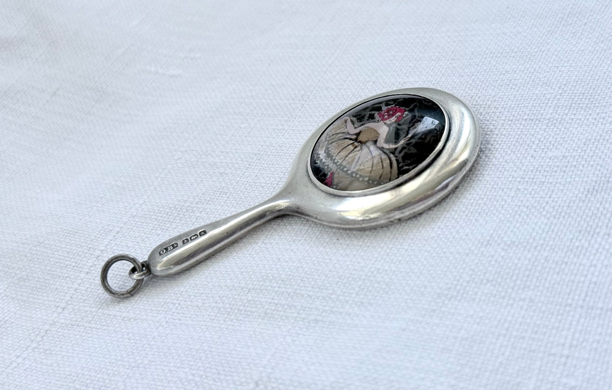 .1925 .925 antique Art Deco sterling silver mini chatelaine mirror hand painted butterfly wing miniature art micro chatelaine silver mirror pendant