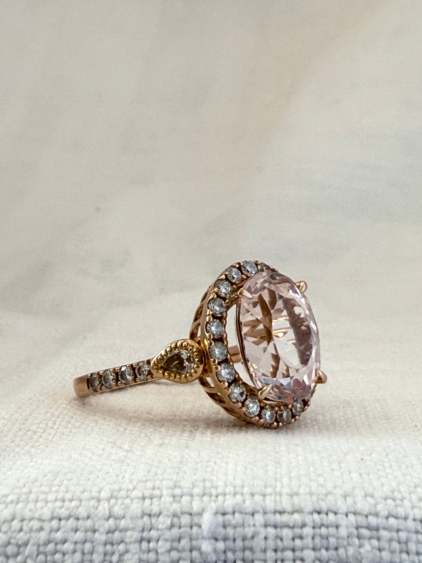 0.85ct 30 Diamond and Browns designer large Oval Pink Morganite gemstone 18ct luxury gold halo ring